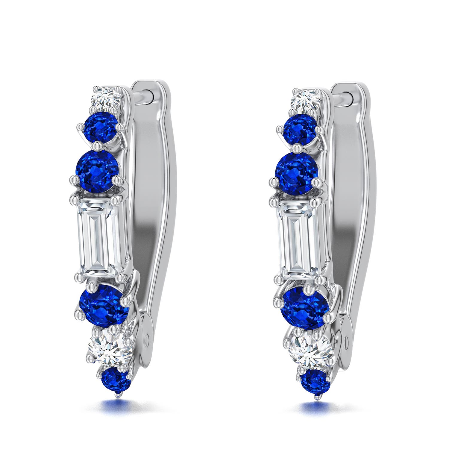 4x2mm FGVS Baguette Lab-Grown Diamond Huggie Hoop Earrings with Blue Sapphire in White Gold - main