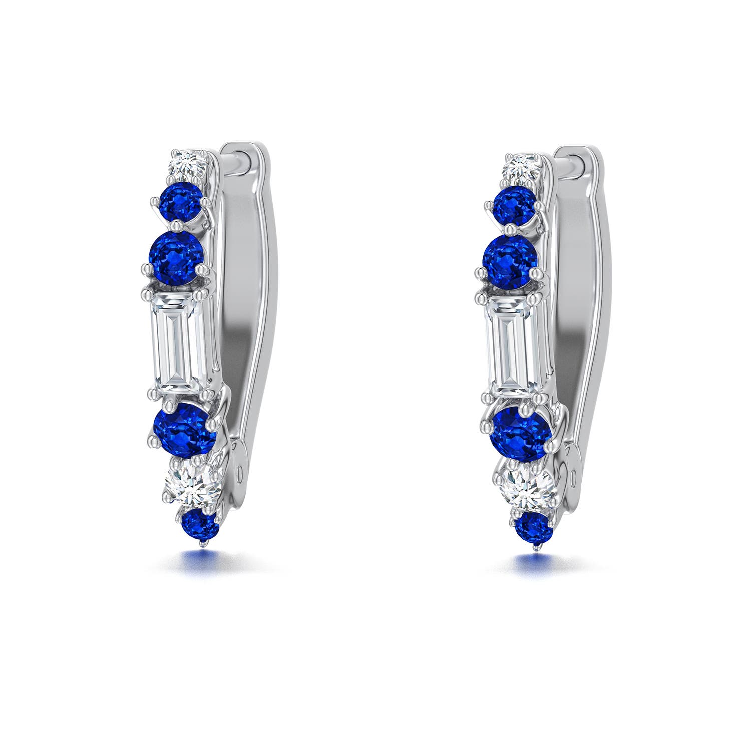 3x1.5mm FGVS Baguette Lab-Grown Diamond Huggie Hoop Earrings with Blue Sapphire in 18K White Gold - main