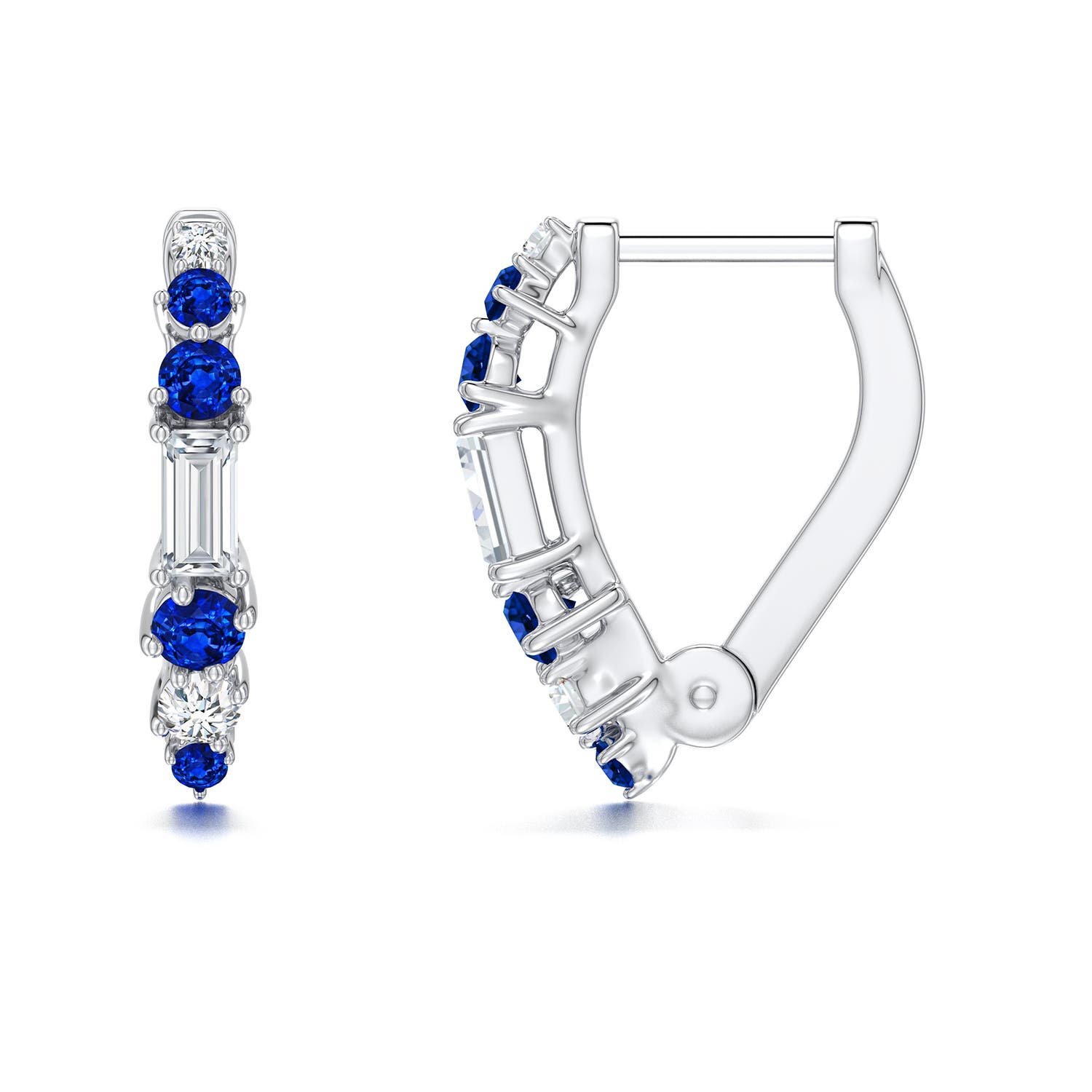 3x1.5mm FGVS Baguette Lab-Grown Diamond Huggie Hoop Earrings with Blue Sapphire in 18K White Gold - side