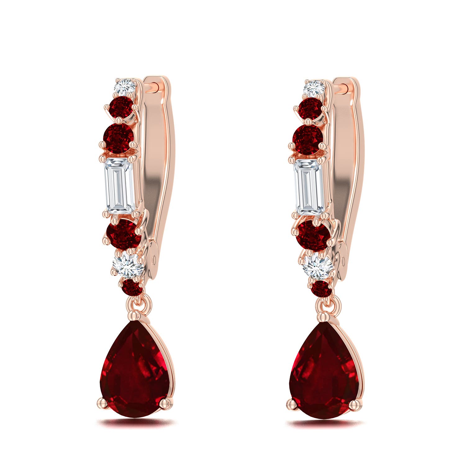 7x5mm Labgrown Pear Lab-Grown Ruby Hoop Drop Earrings with Accents in Rose Gold - main