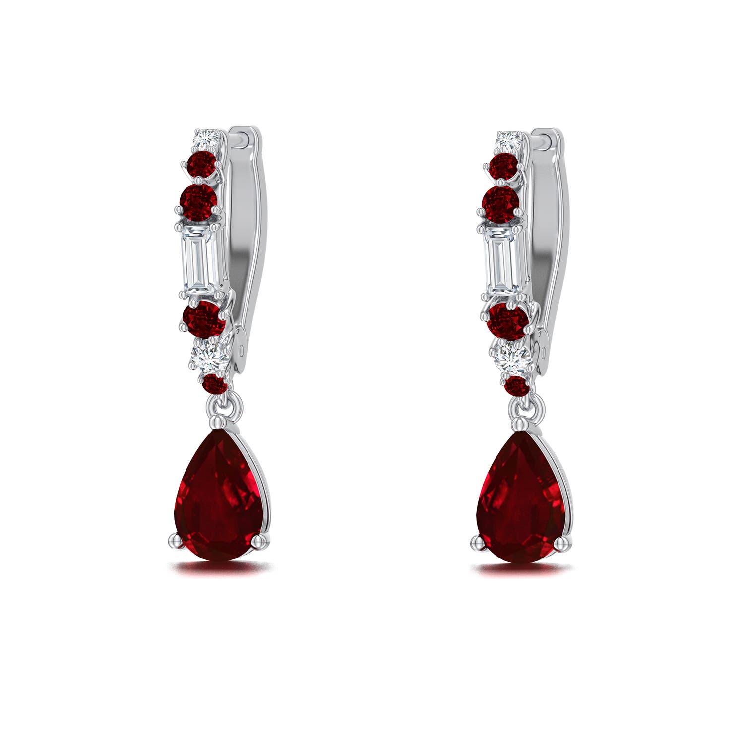 6x4mm Labgrown Pear Lab-Grown Ruby Hoop Drop Earrings with Accents in 18K White Gold - main