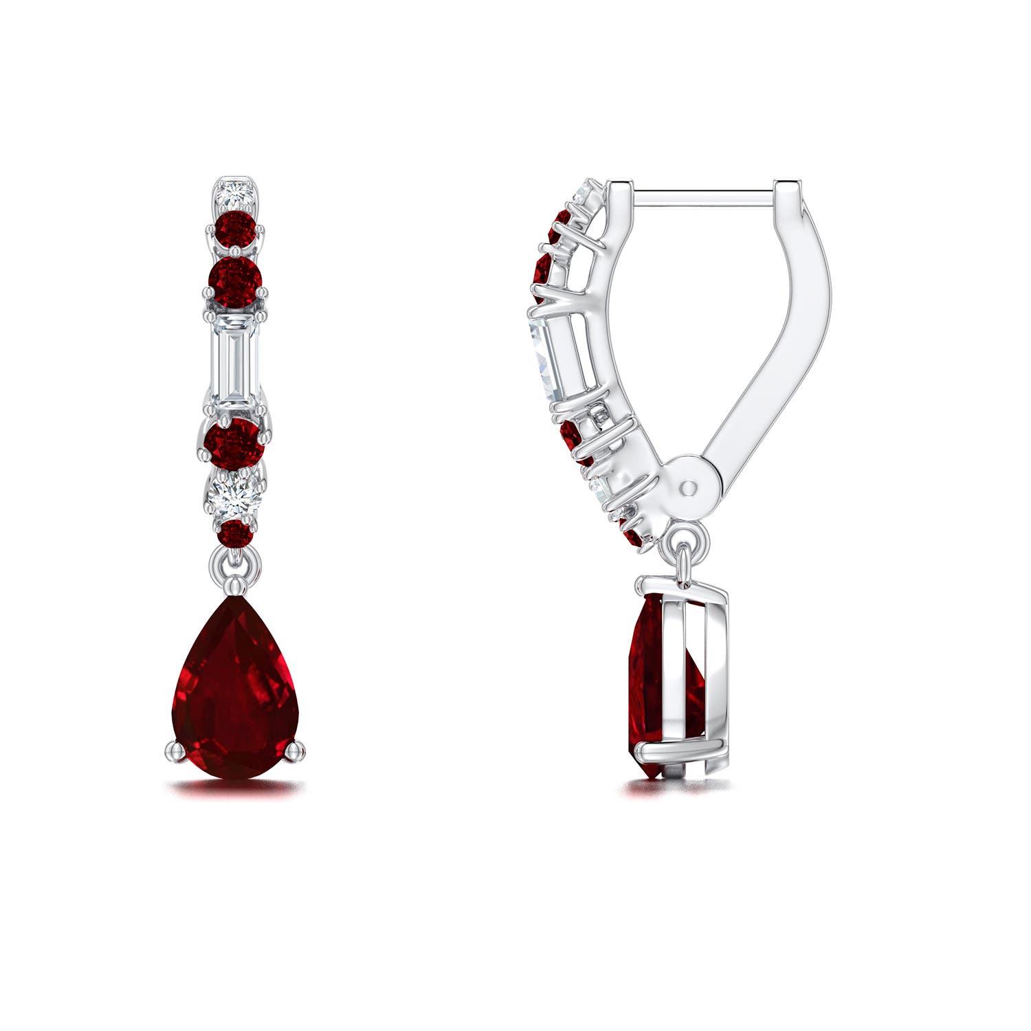 6x4mm Labgrown Pear Lab-Grown Ruby Hoop Drop Earrings with Accents in 18K White Gold - side