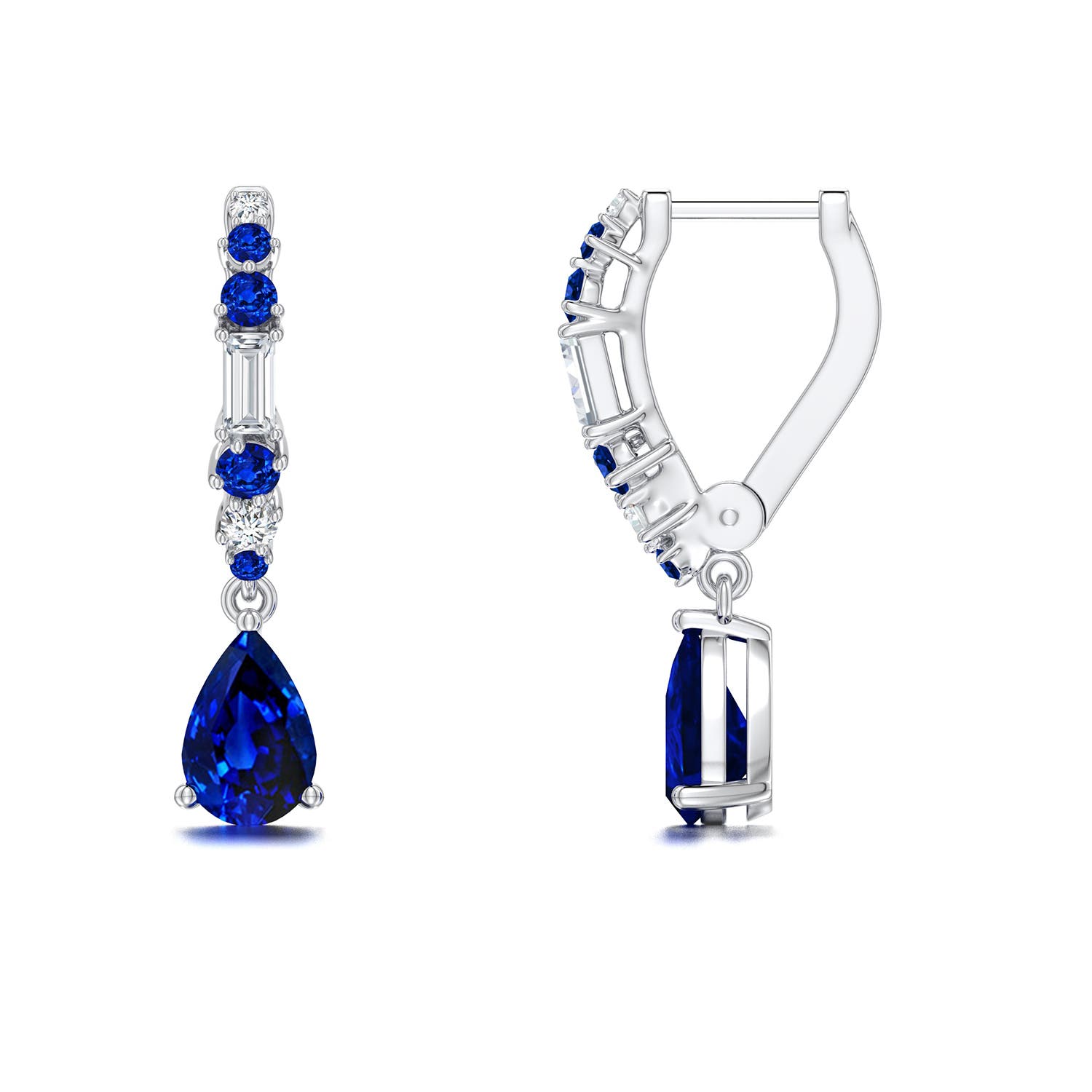 6x4mm Labgrown Pear Lab-Grown Blue Sapphire Hoop Drop Earrings with Accents in 18K White Gold - side