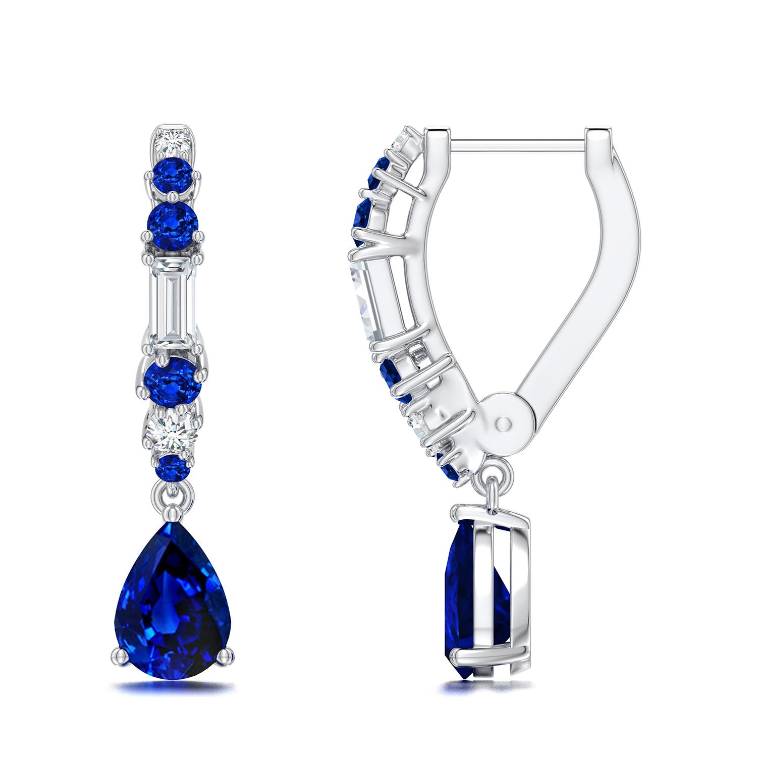 7x5mm Labgrown Pear Lab-Grown Blue Sapphire Hoop Drop Earrings with Accents in 18K White Gold - side