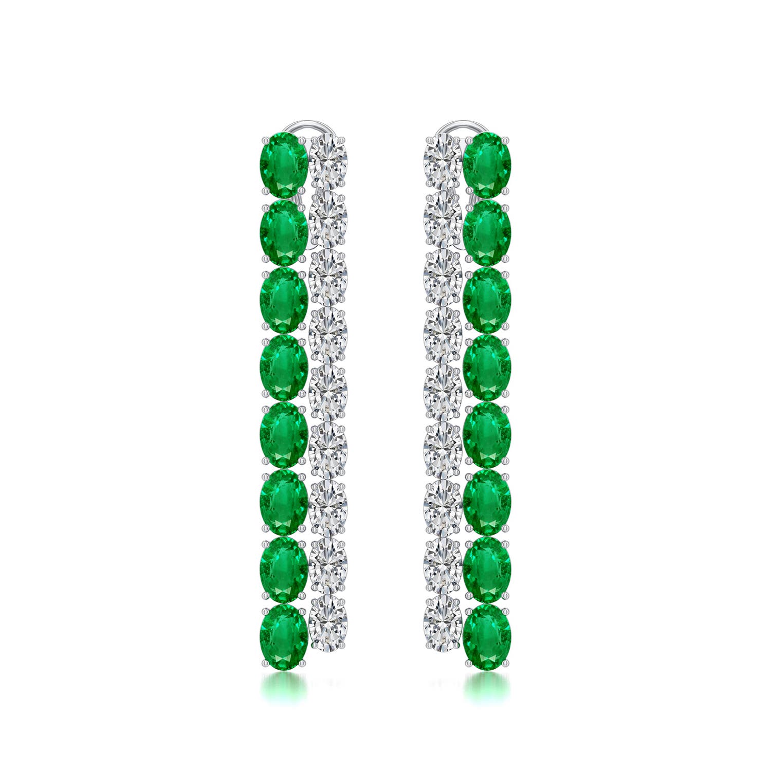 Angara 18.3 CTW Double-Row Oval Emerald and Diamond Dangle Earrings in 18K White Gold