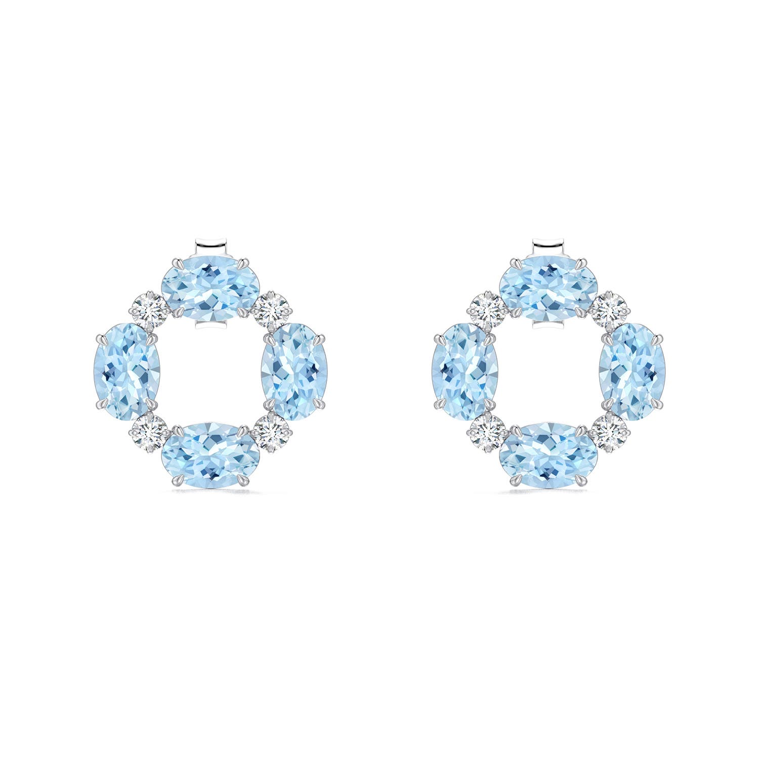 6x4mm AAA Oval Aquamarine Circular Open Stud Earrings with Accents in 18K White Gold - main