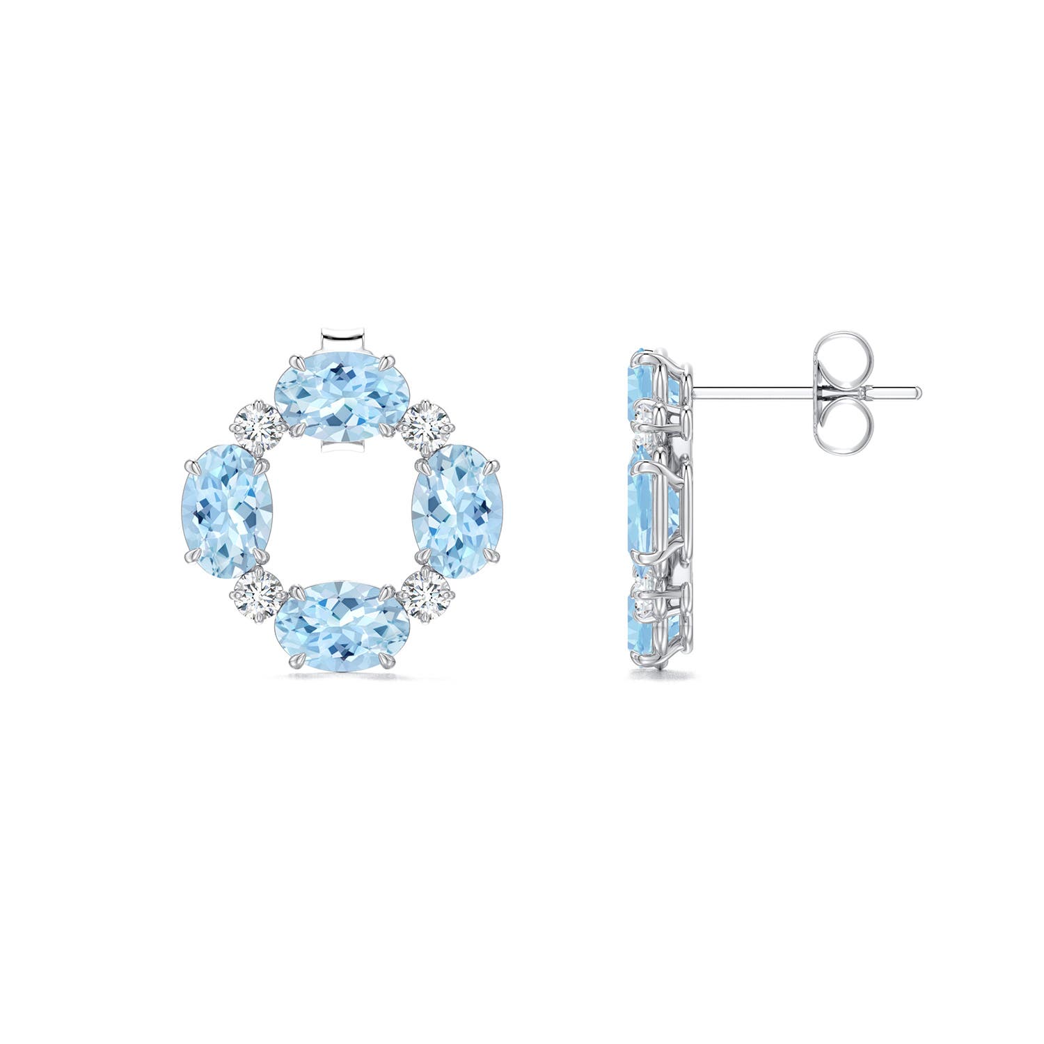 6x4mm AAA Oval Aquamarine Circular Open Stud Earrings with Accents in 18K White Gold - side