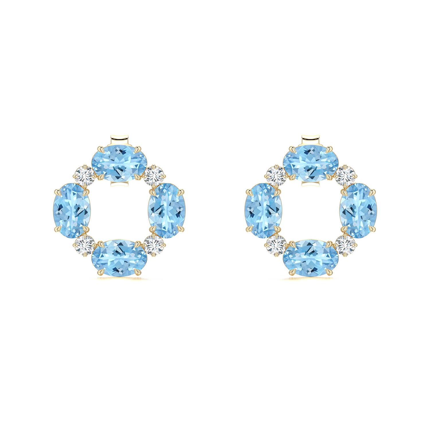 6x4mm AAAA Oval Aquamarine Circular Open Stud Earrings with Accents in Yellow Gold - main