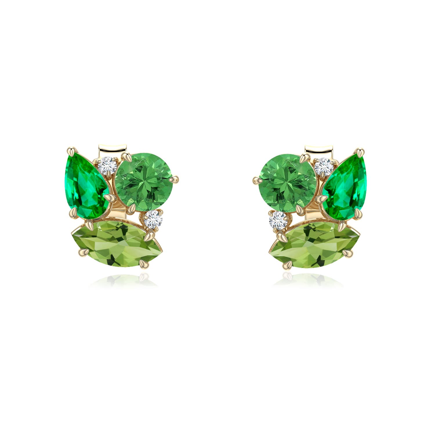 6x3mm AAA Asymmetric Green Multi-Gemstone Stud Earrings in Yellow Gold - main