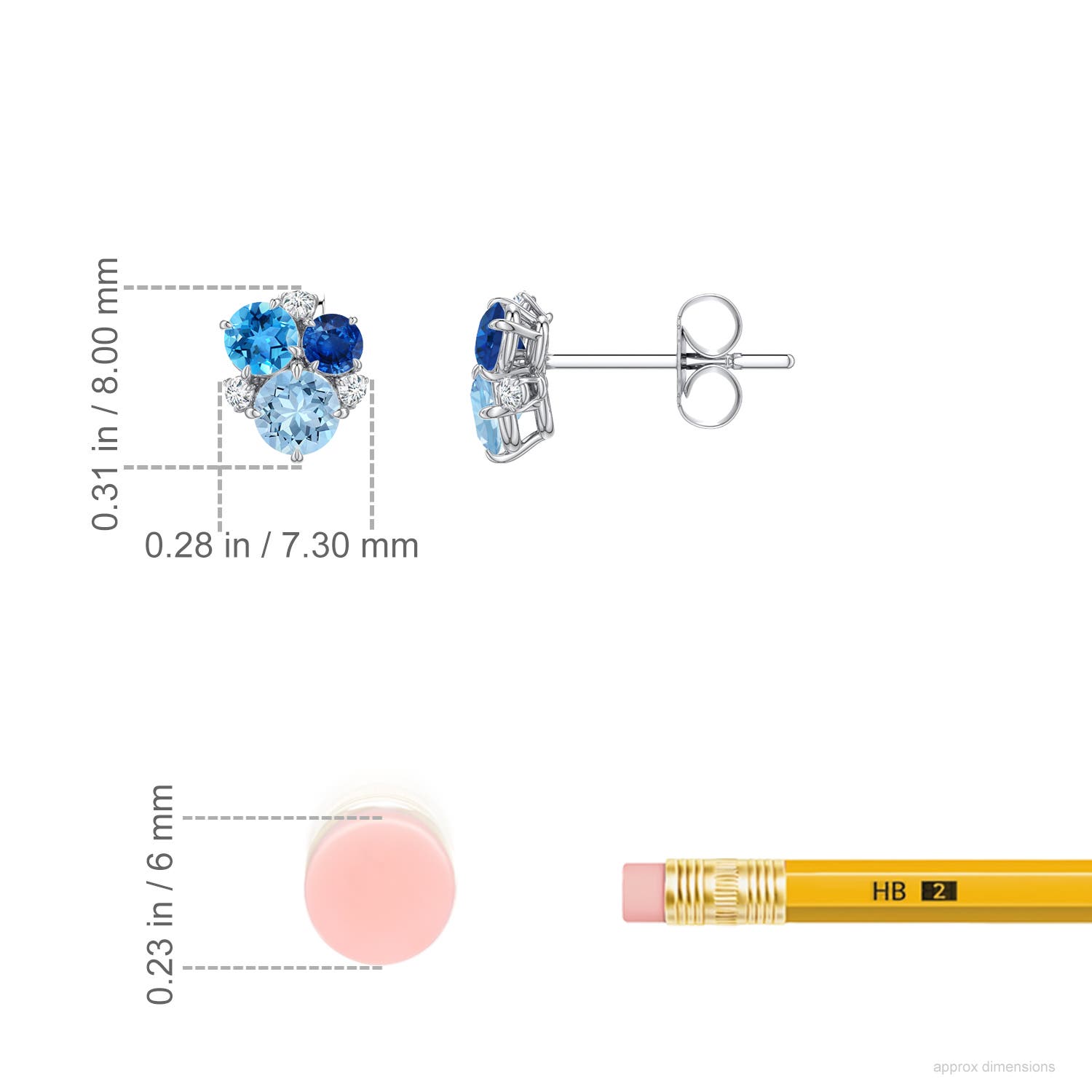 3.5mm AAA Multi-Gemstone Asymmetric Stud Earrings in White Gold - ruler - ruler