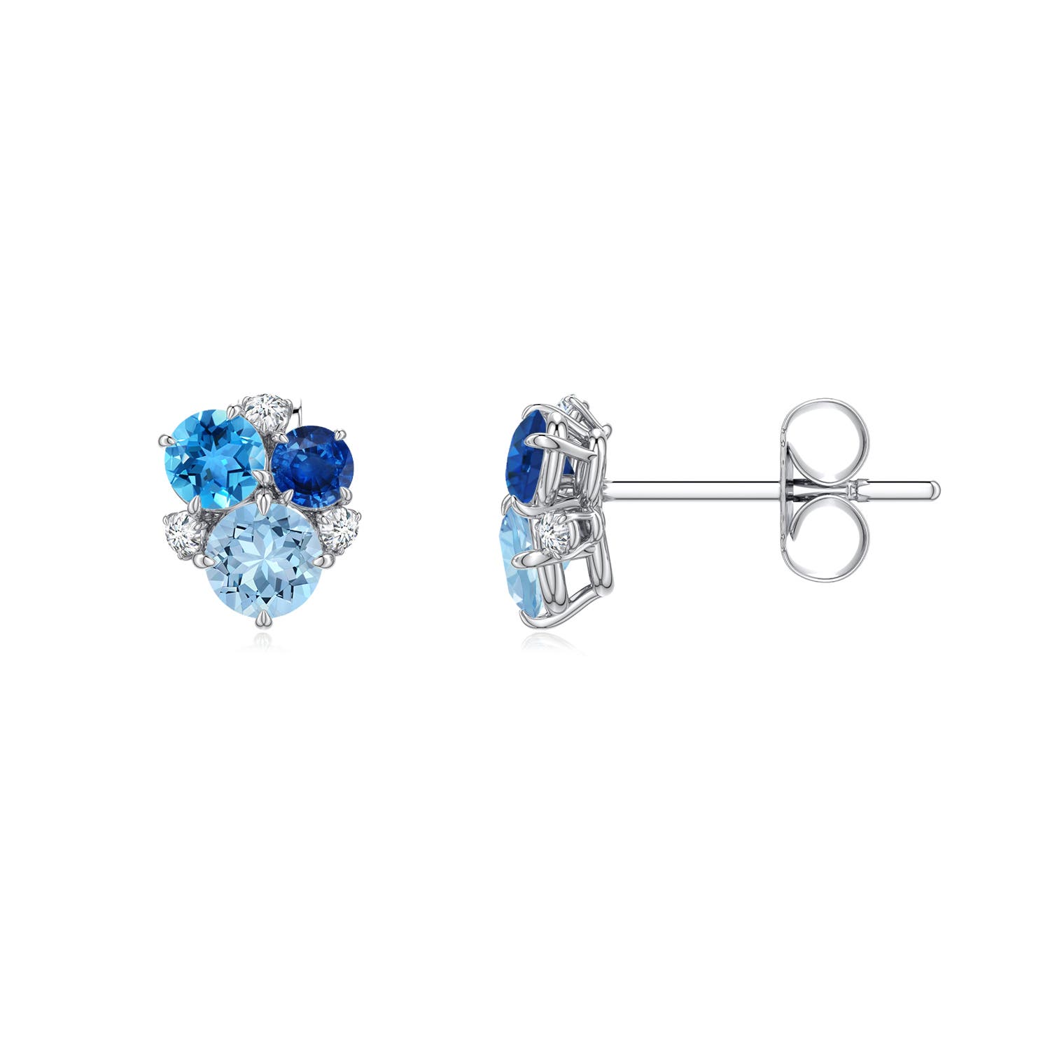 3.5mm AAA Multi-Gemstone Asymmetric Stud Earrings in White Gold - side - side 2
