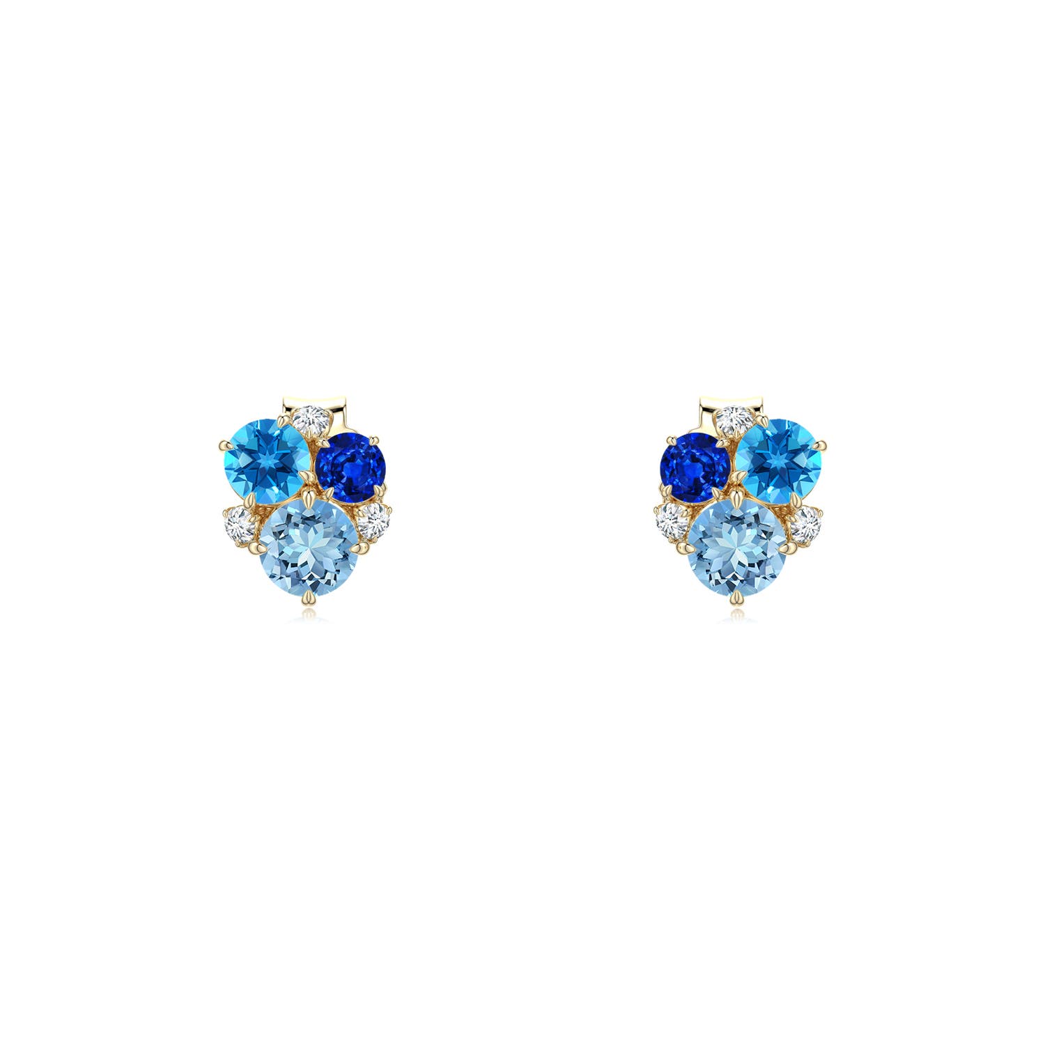 3mm AAAA Multi-Gemstone Asymmetric Stud Earrings in Yellow Gold - main