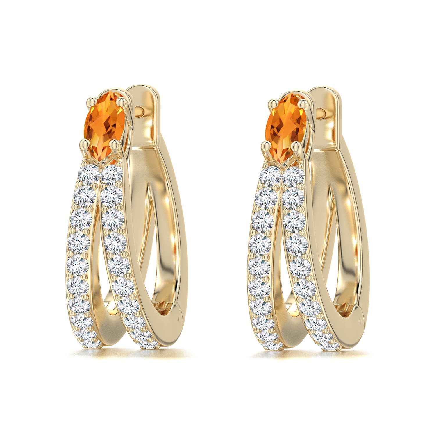 6x3mm AAA Marquise Citrine and Diamond Double-Row Hoop Earrings in Yellow Gold - main