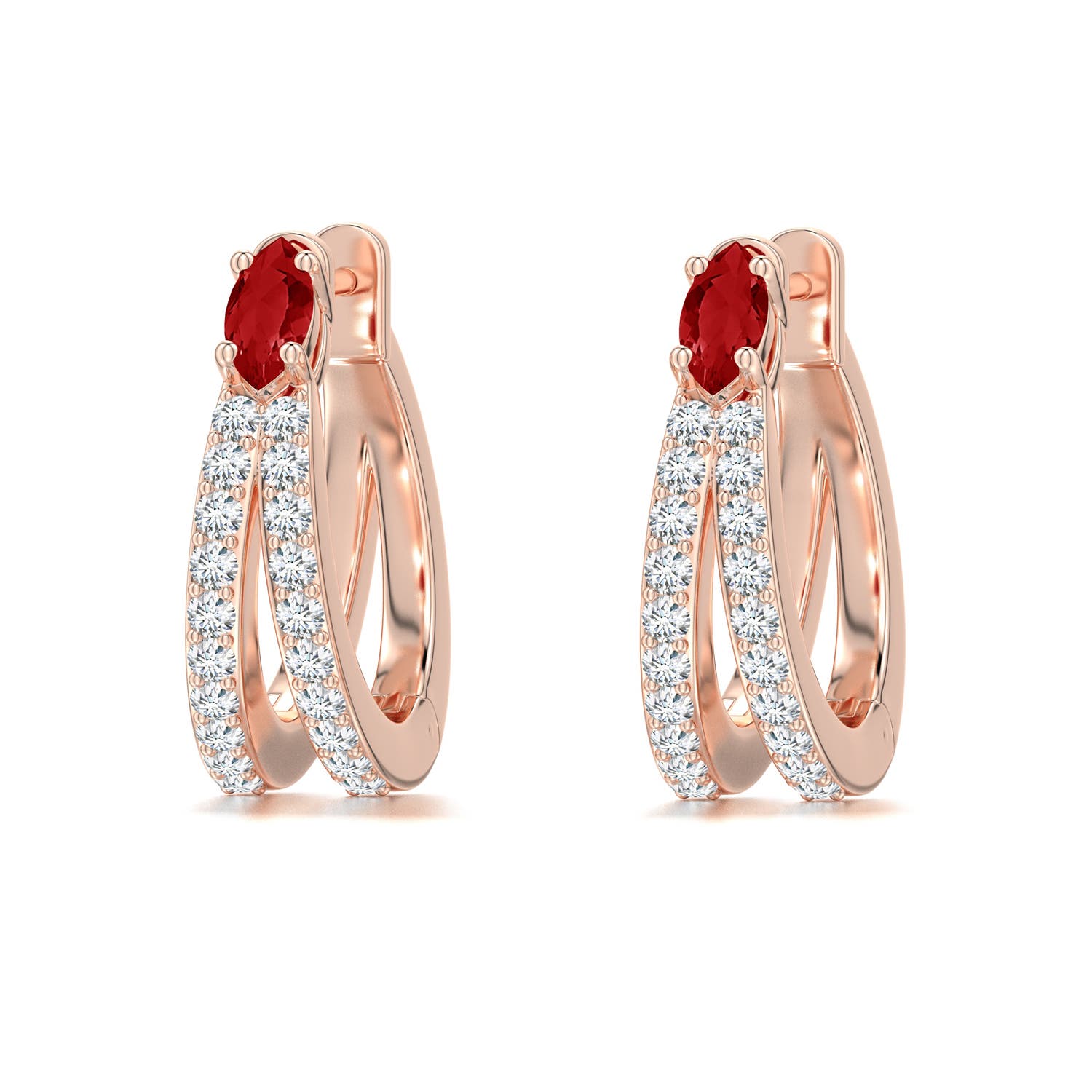 5x2.5mm AAA Marquise Ruby and Diamond Double-Row Hoop Earrings in Rose Gold - main