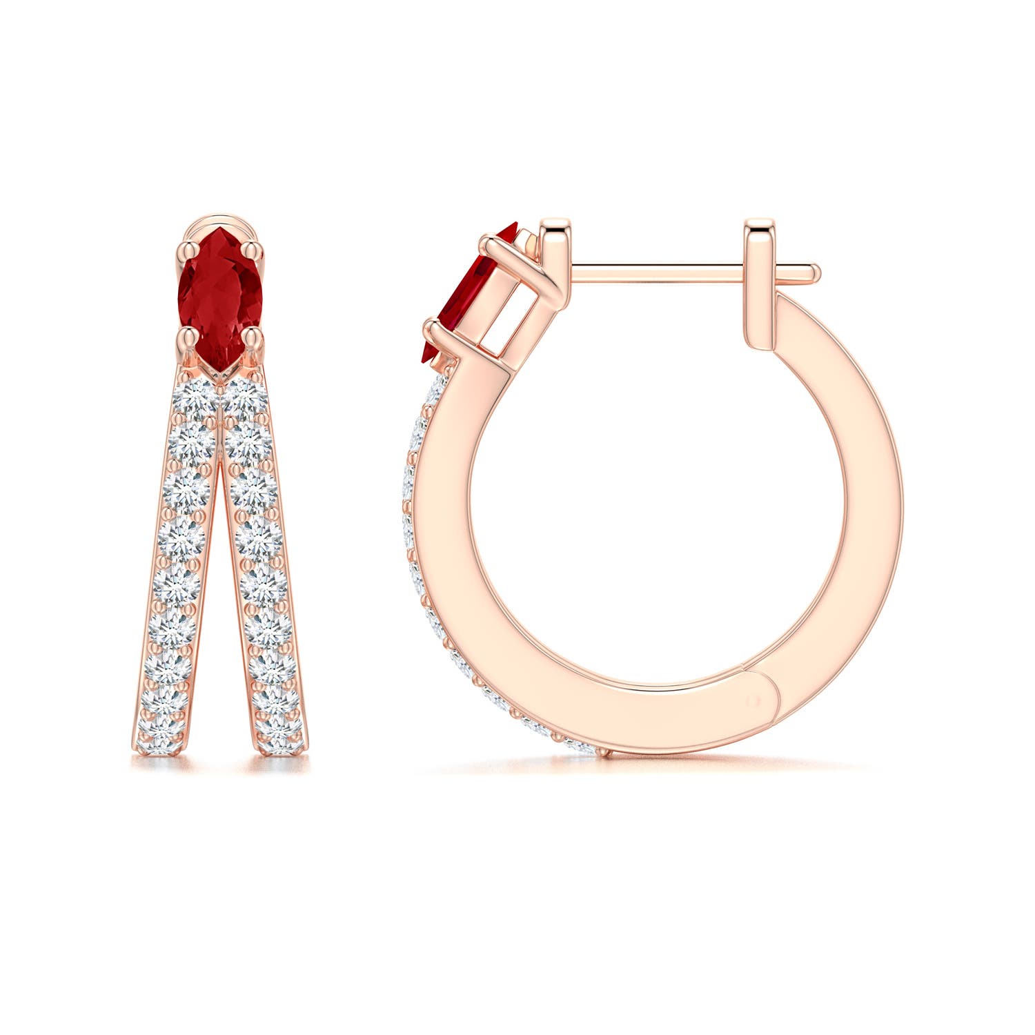 5x2.5mm AAA Marquise Ruby and Diamond Double-Row Hoop Earrings in Rose Gold - side - side 2