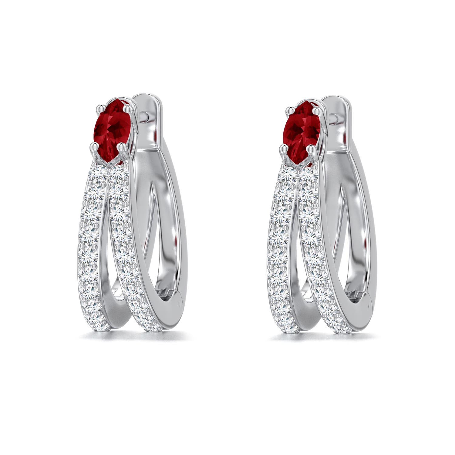 5x2.5mm AAAA Marquise Ruby and Diamond Double-Row Hoop Earrings in 18K White Gold - main