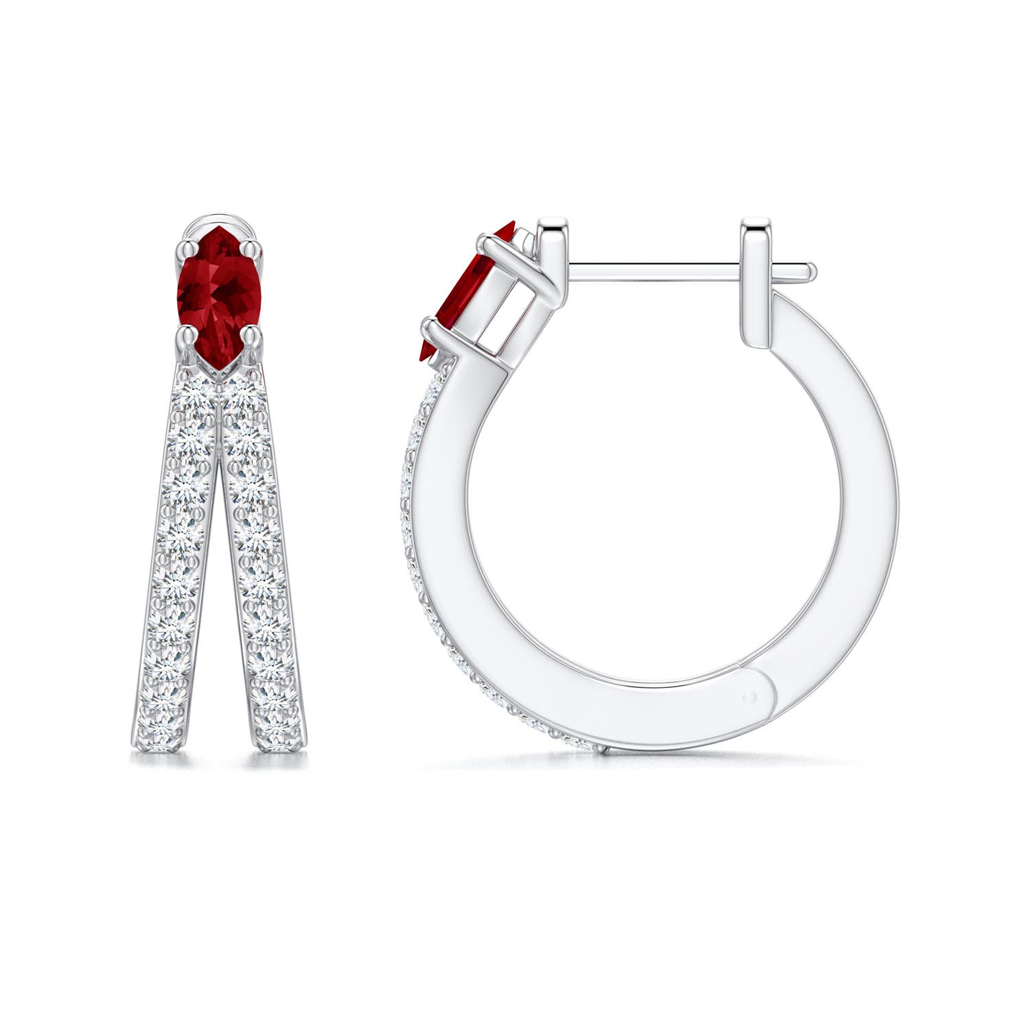 5x2.5mm AAAA Marquise Ruby and Diamond Double-Row Hoop Earrings in 18K White Gold - side