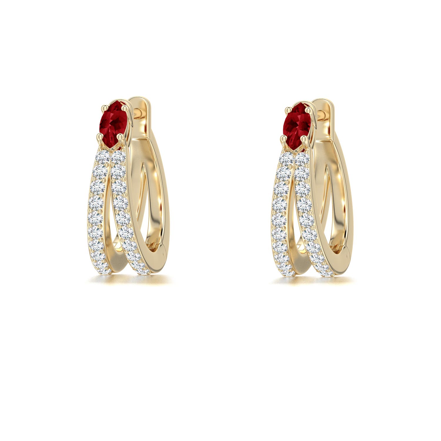 4x2mm AAAA Marquise Ruby and Diamond Double-Row Hoop Earrings in Yellow Gold - main