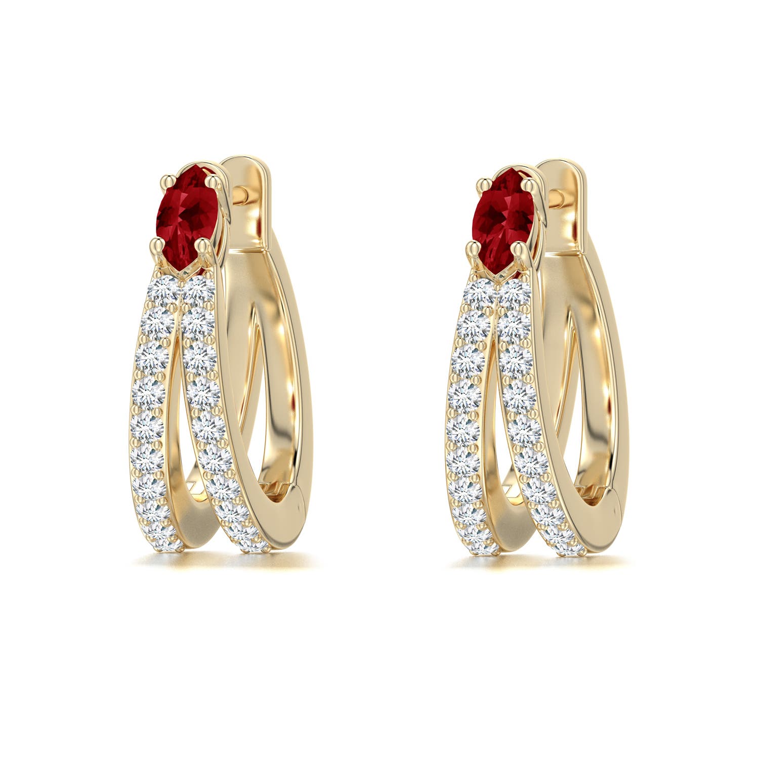 5x2.5mm AAAA Marquise Ruby and Diamond Double-Row Hoop Earrings in Yellow Gold - main