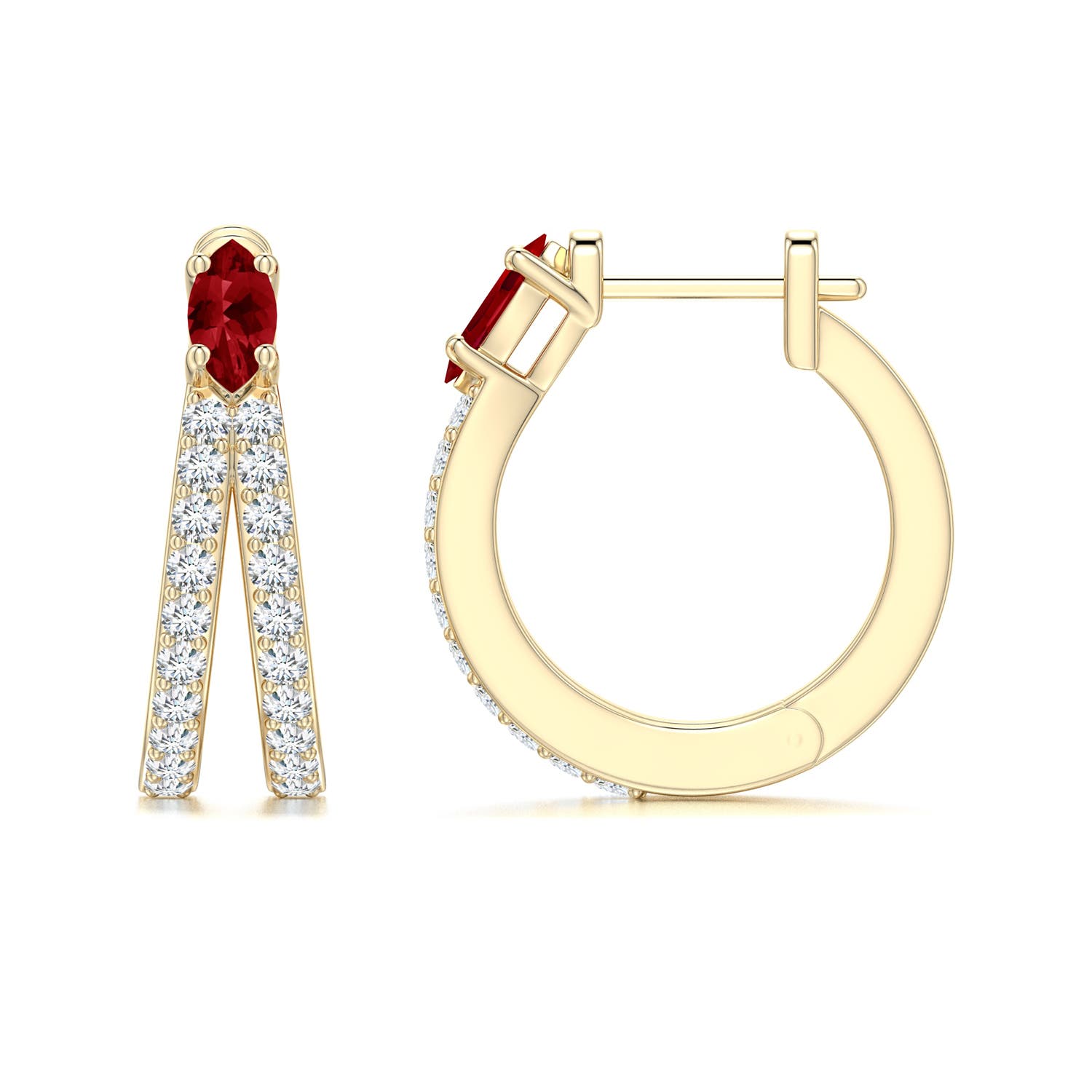 5x2.5mm AAAA Marquise Ruby and Diamond Double-Row Hoop Earrings in Yellow Gold - side