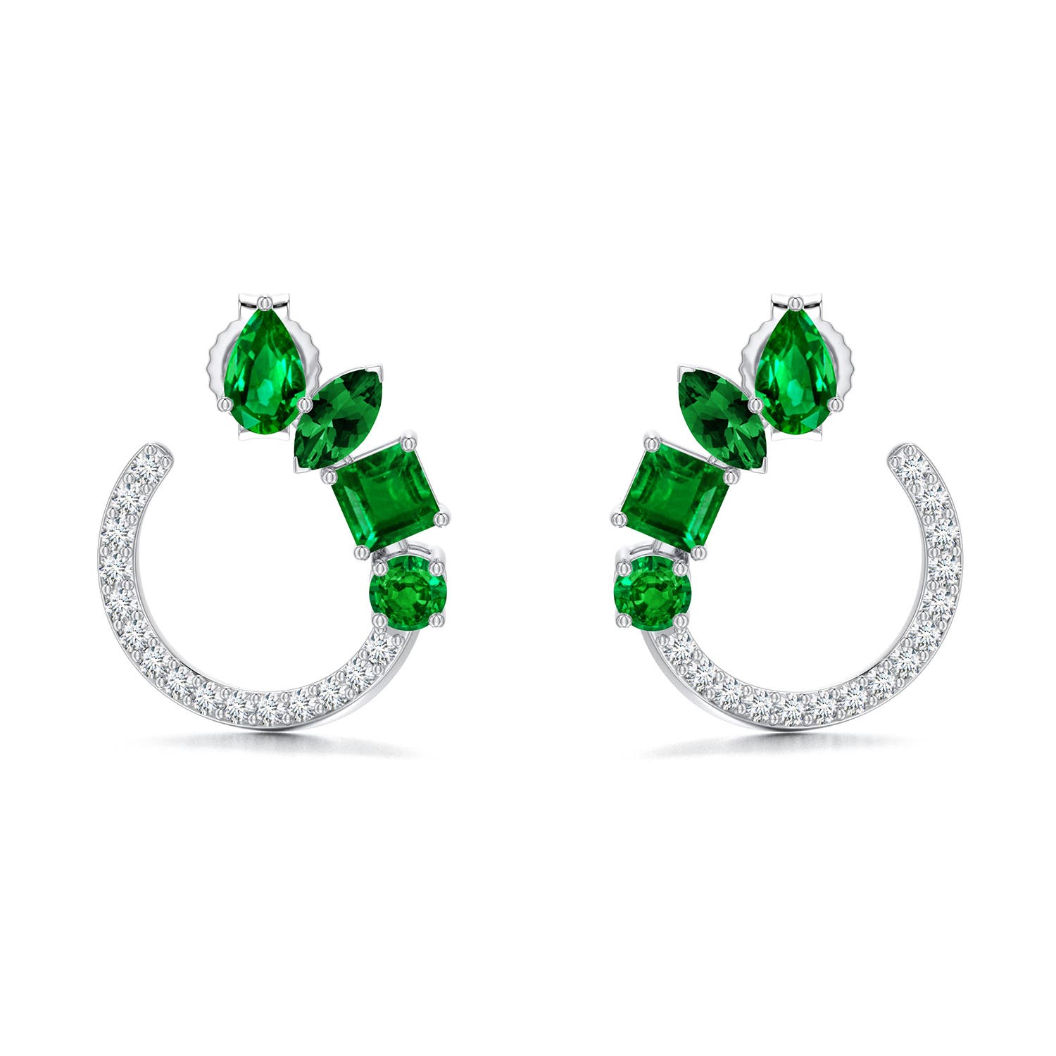 5x3mm AAAA Multi-Shape Emerald Front-Back Stud Earrings in White Gold - main
