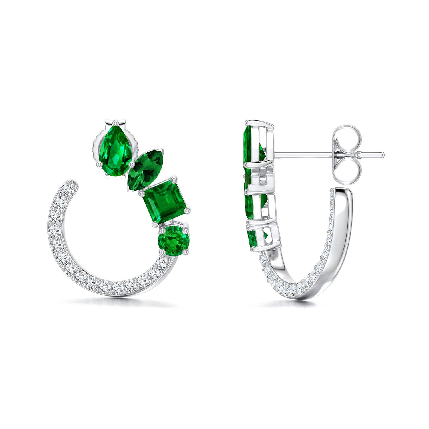5x3mm AAAA Multi-Shape Emerald Front-Back Stud Earrings in White Gold - side