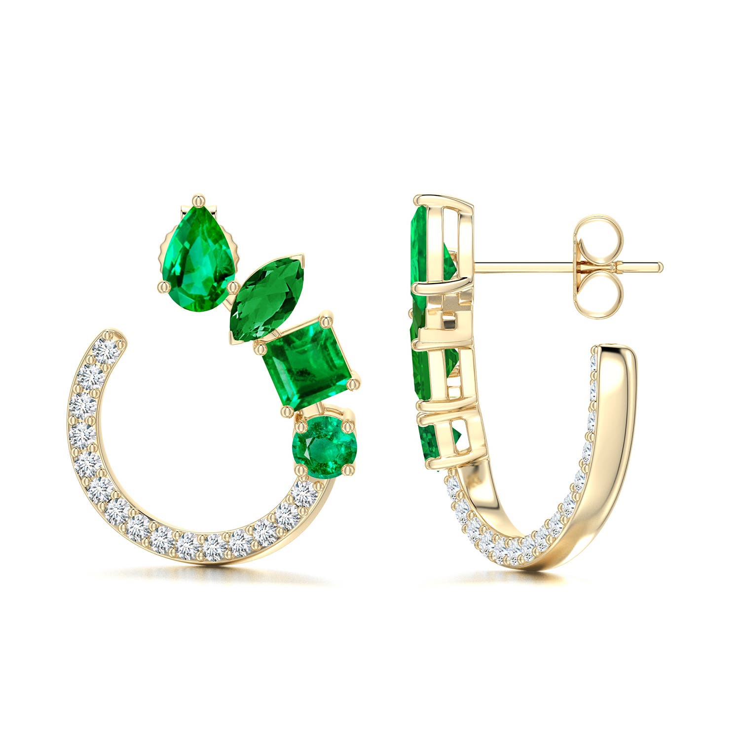 6x4mm AAA Multi-Shape Emerald Front-Back Stud Earrings in Yellow Gold - side