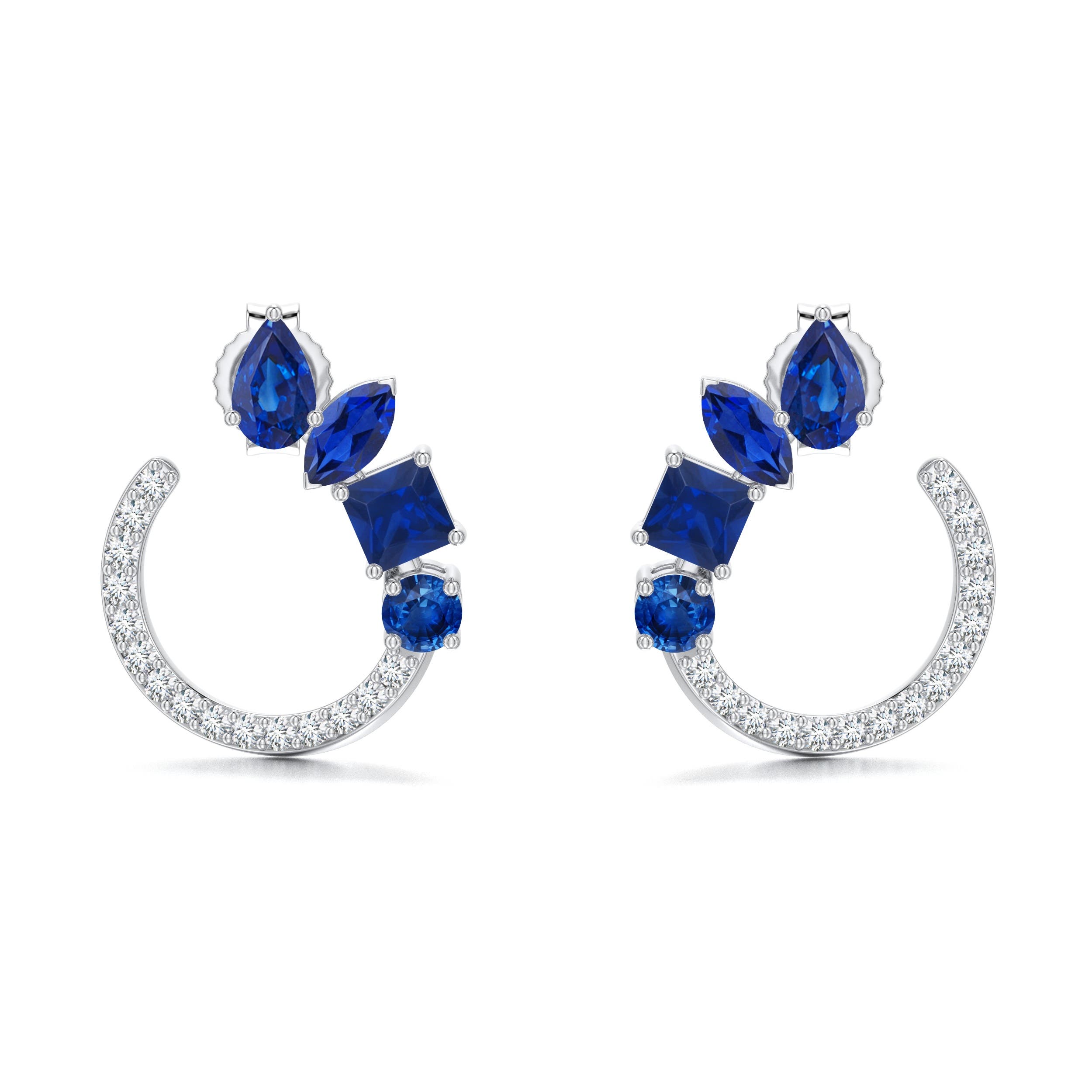 5x3mm AAA Multi-Shape Blue Sapphire Front-Back Stud Earrings in White Gold - main