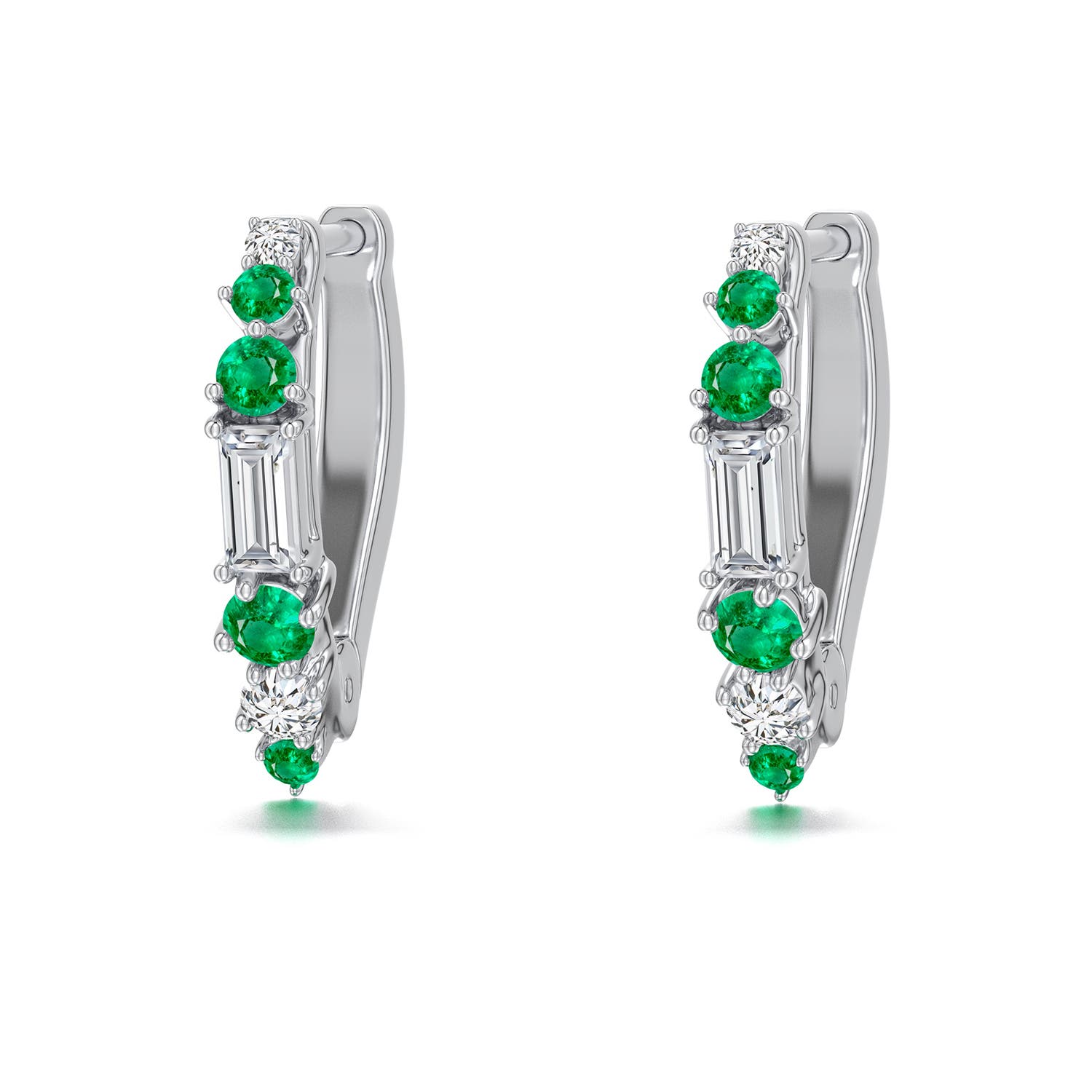 3x1.5mm HSI2 Baguette Diamond Huggie Hoop Earrings with Emerald in 18K White Gold - main