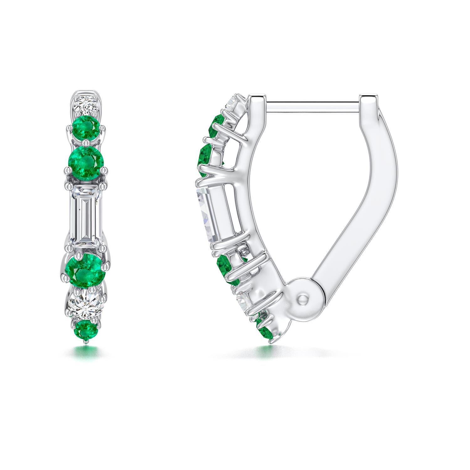 3x1.5mm HSI2 Baguette Diamond Huggie Hoop Earrings with Emerald in 18K White Gold - side