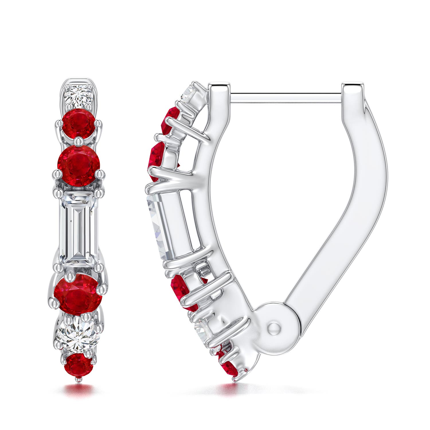 4x2mm HSI2 Baguette Diamond Huggie Hoop Earrings with Ruby in White Gold - side