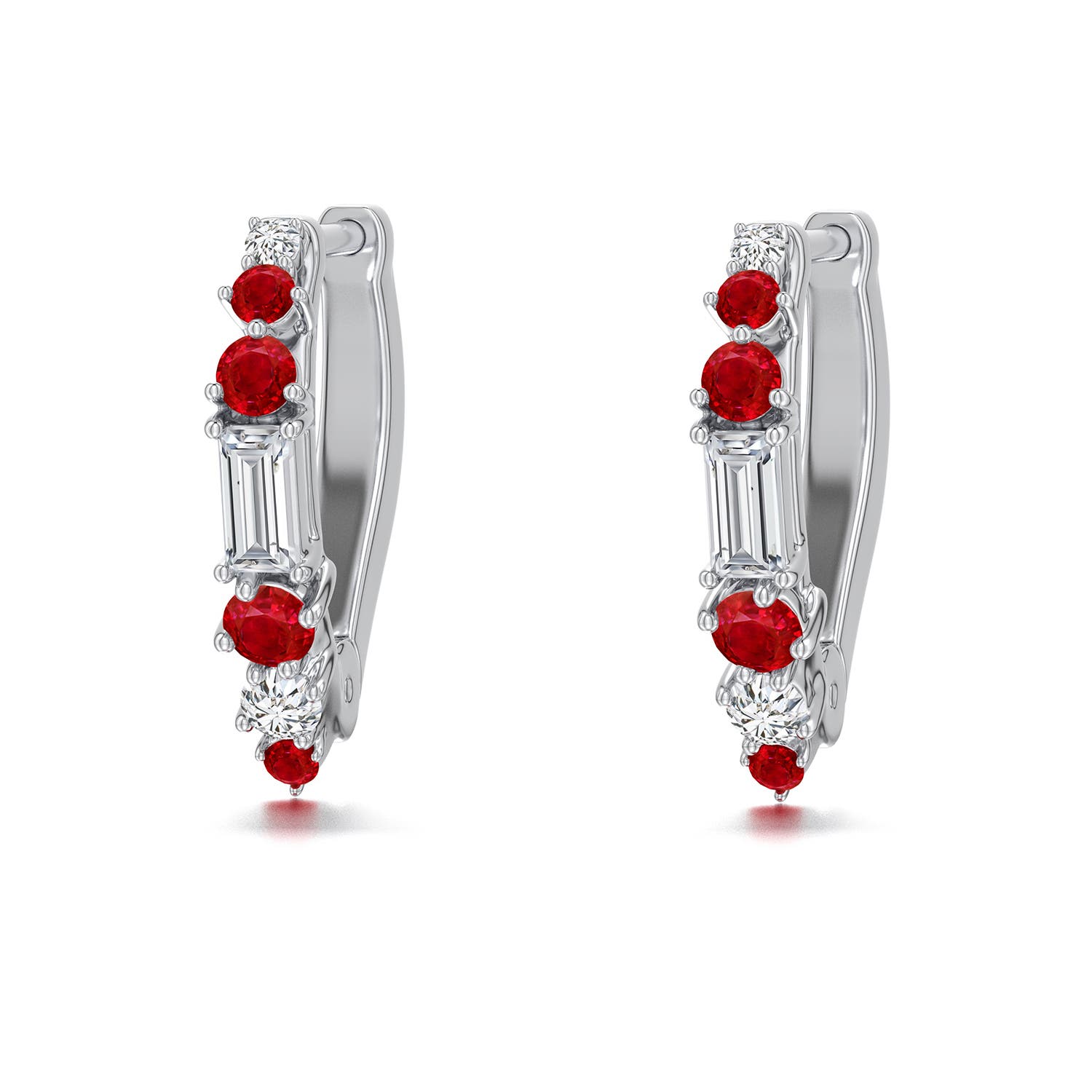 3x1.5mm HSI2 Baguette Diamond Huggie Hoop Earrings with Ruby in 18K White Gold - main