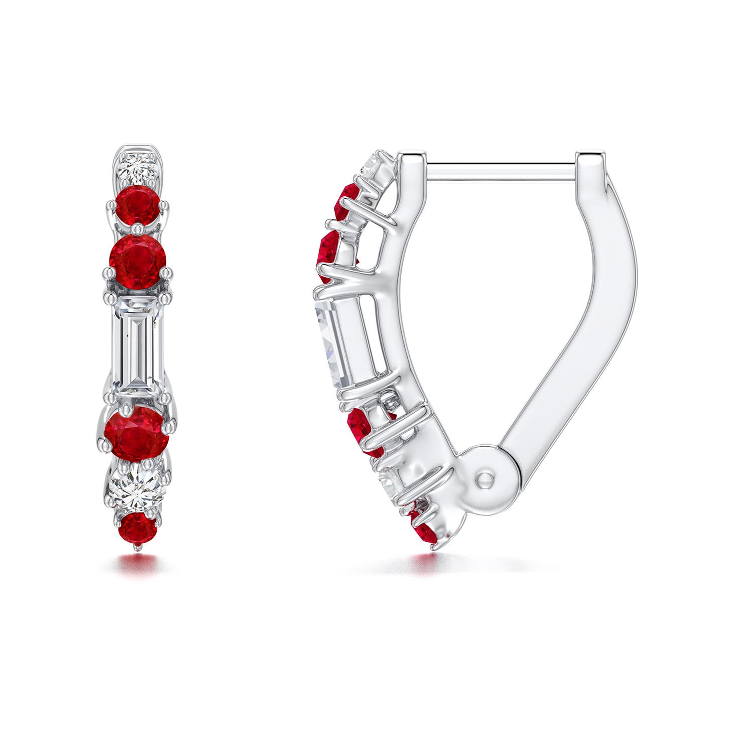 3x1.5mm HSI2 Baguette Diamond Huggie Hoop Earrings with Ruby in 18K White Gold - side