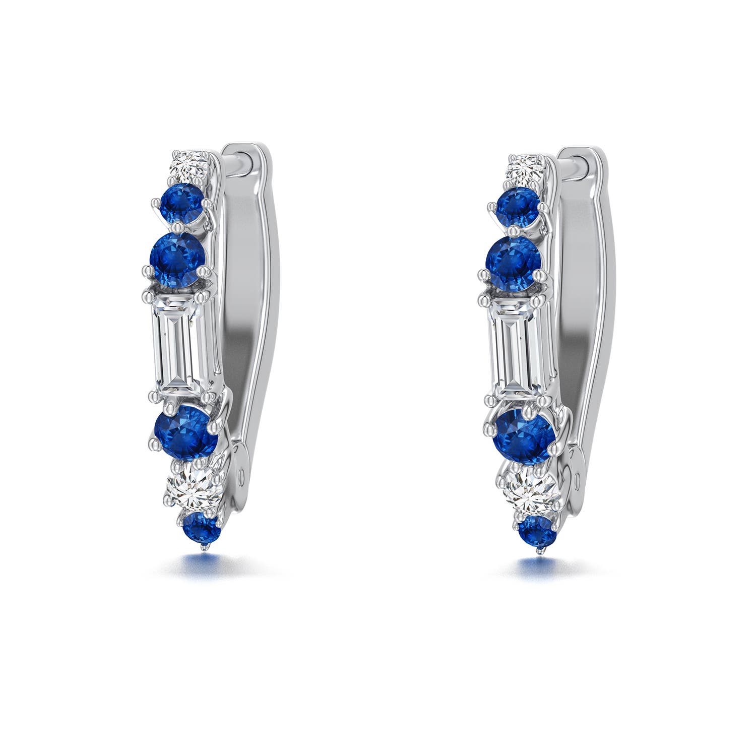 3x1.5mm HSI2 Baguette Diamond Huggie Hoop Earrings with Blue Sapphire in 18K White Gold - main