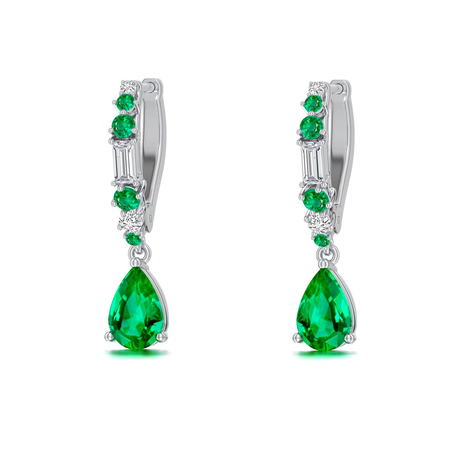 6x4mm AAA Pear Emerald Hoop Drop Earrings with Accents in White Gold - main