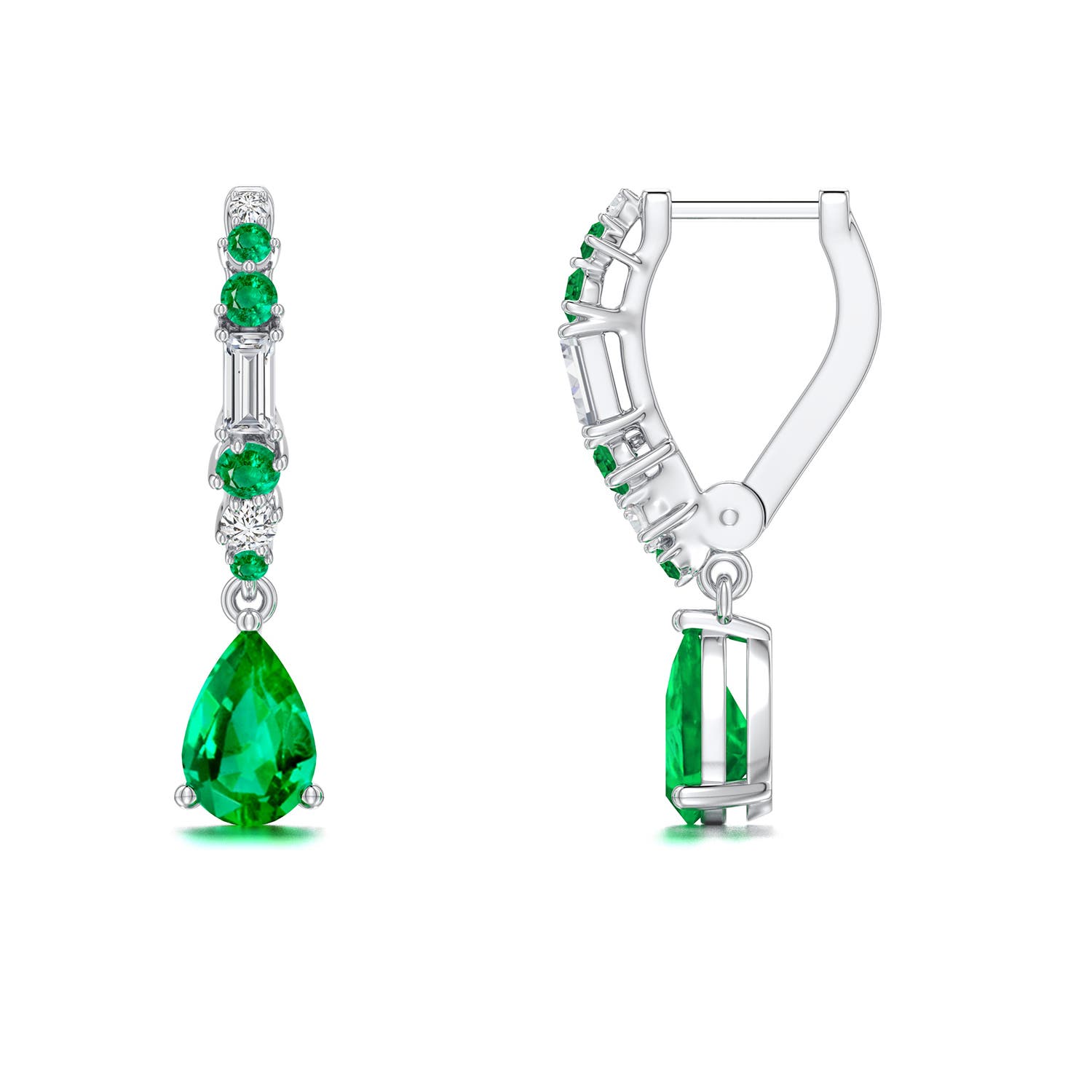 6x4mm AAA Pear Emerald Hoop Drop Earrings with Accents in White Gold - side