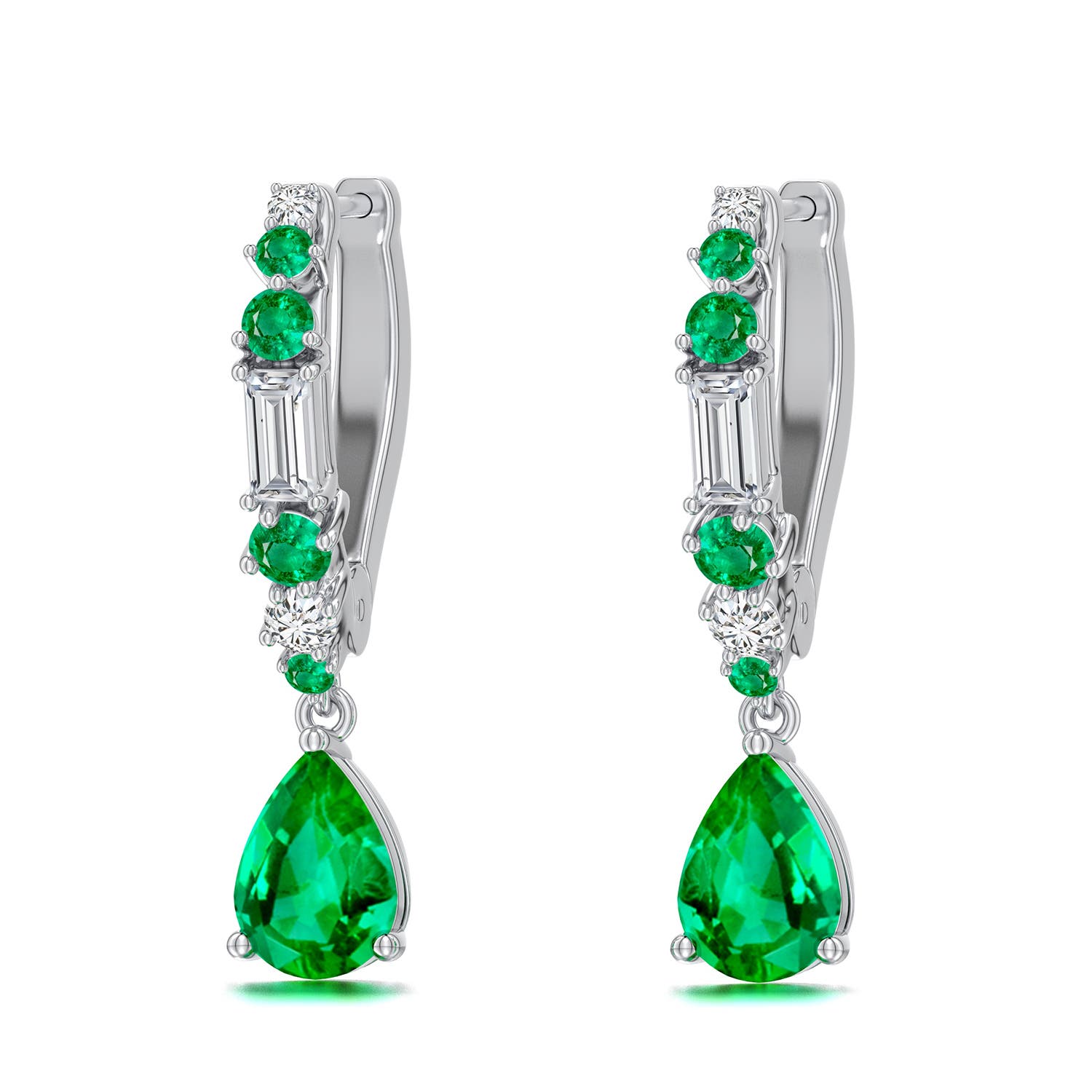 7x5mm AAA Pear Emerald Hoop Drop Earrings with Accents in White Gold - main