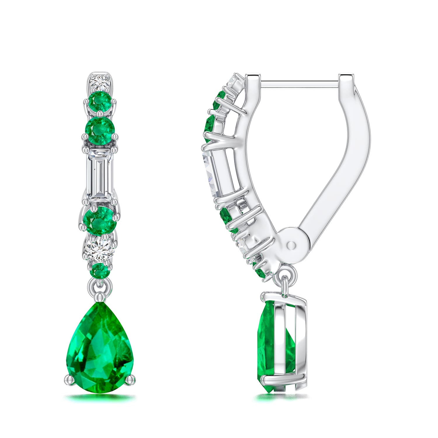 7x5mm AAA Pear Emerald Hoop Drop Earrings with Accents in White Gold - side