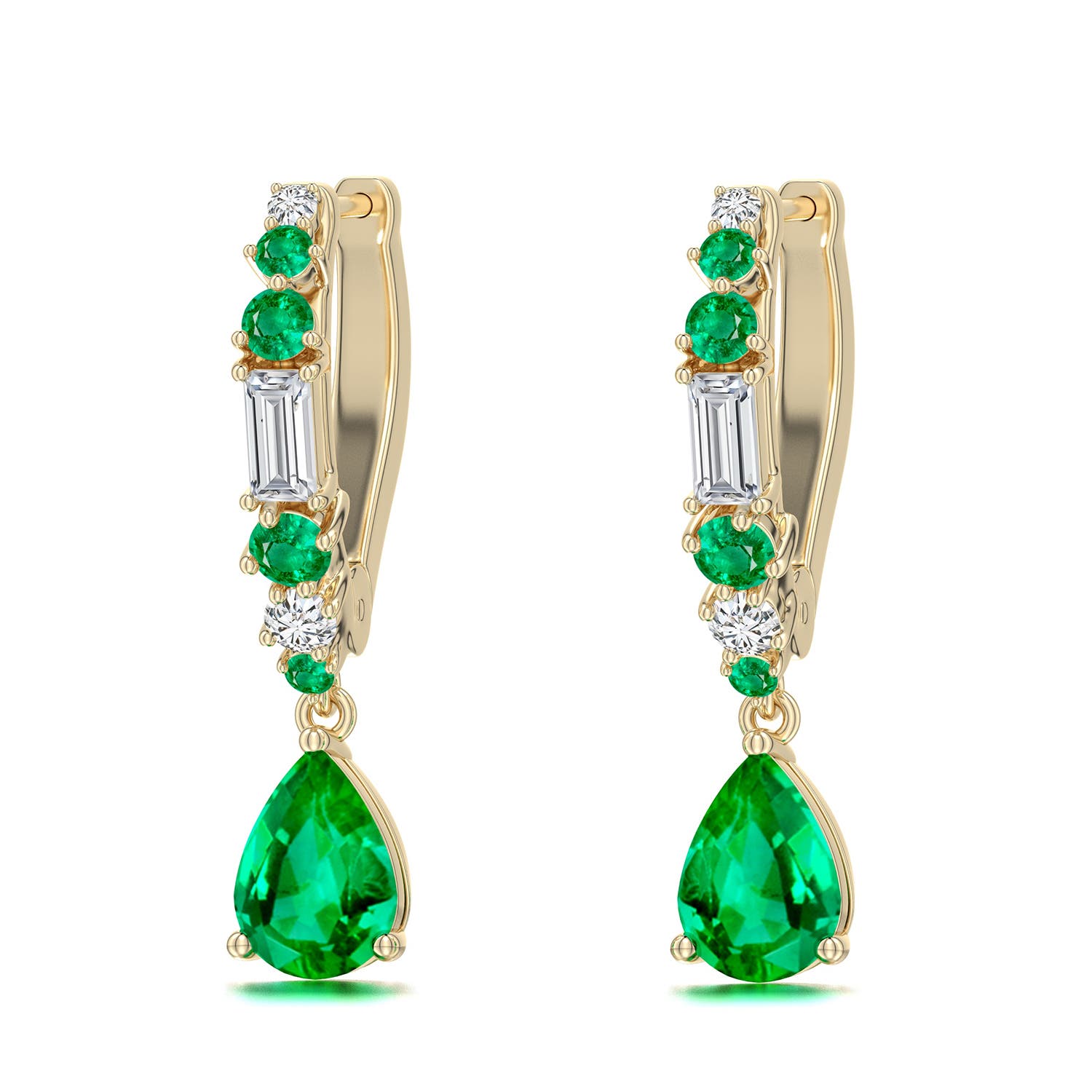 7x5mm AAA Pear Emerald Hoop Drop Earrings with Accents in Yellow Gold - main