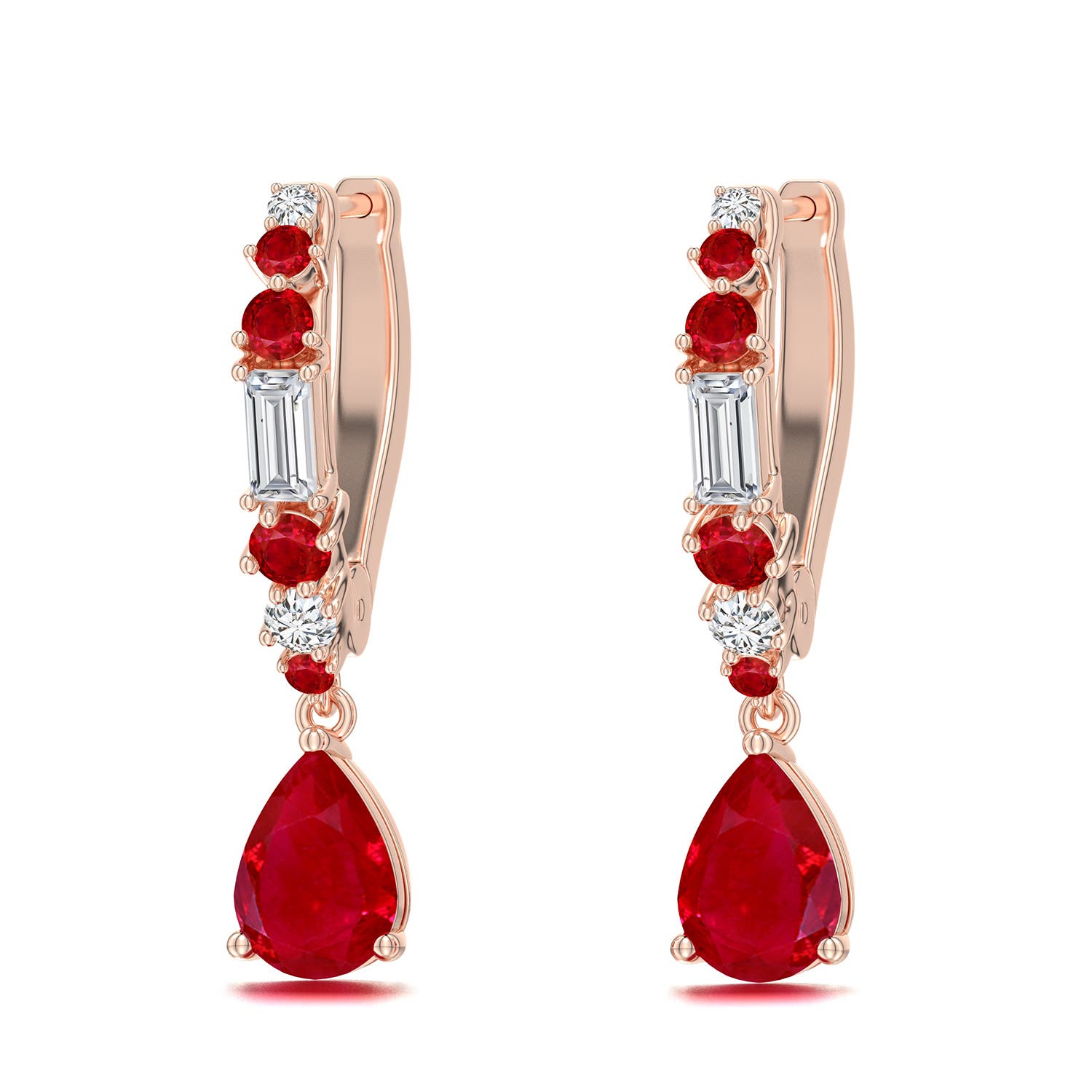 7x5mm AAA Pear Ruby Hoop Drop Earrings with Accents in Rose Gold - main