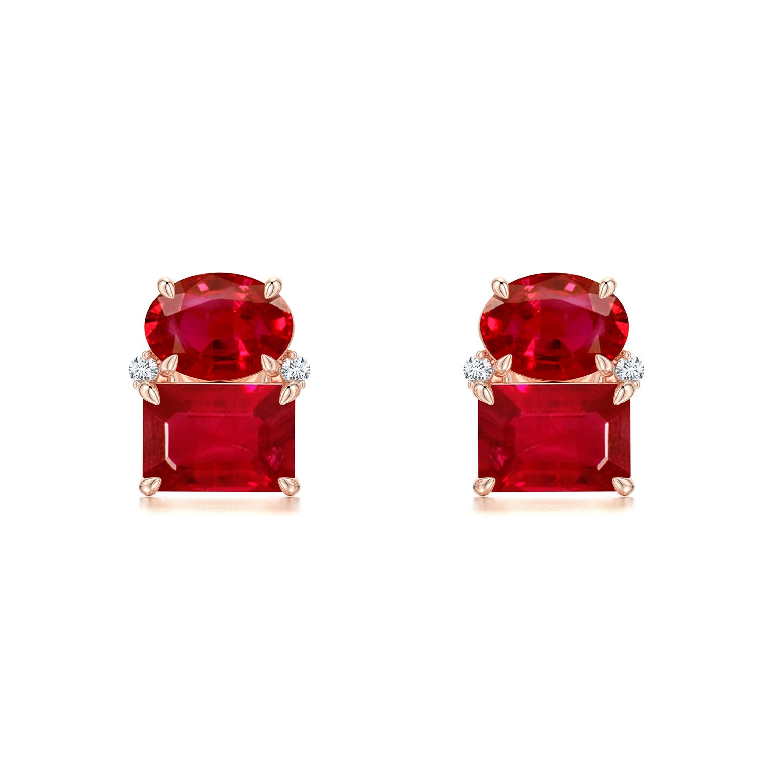 6x4mm AAA Oval and Emerald-Cut Ruby Two-Stone Stud Earrings in Rose Gold - main