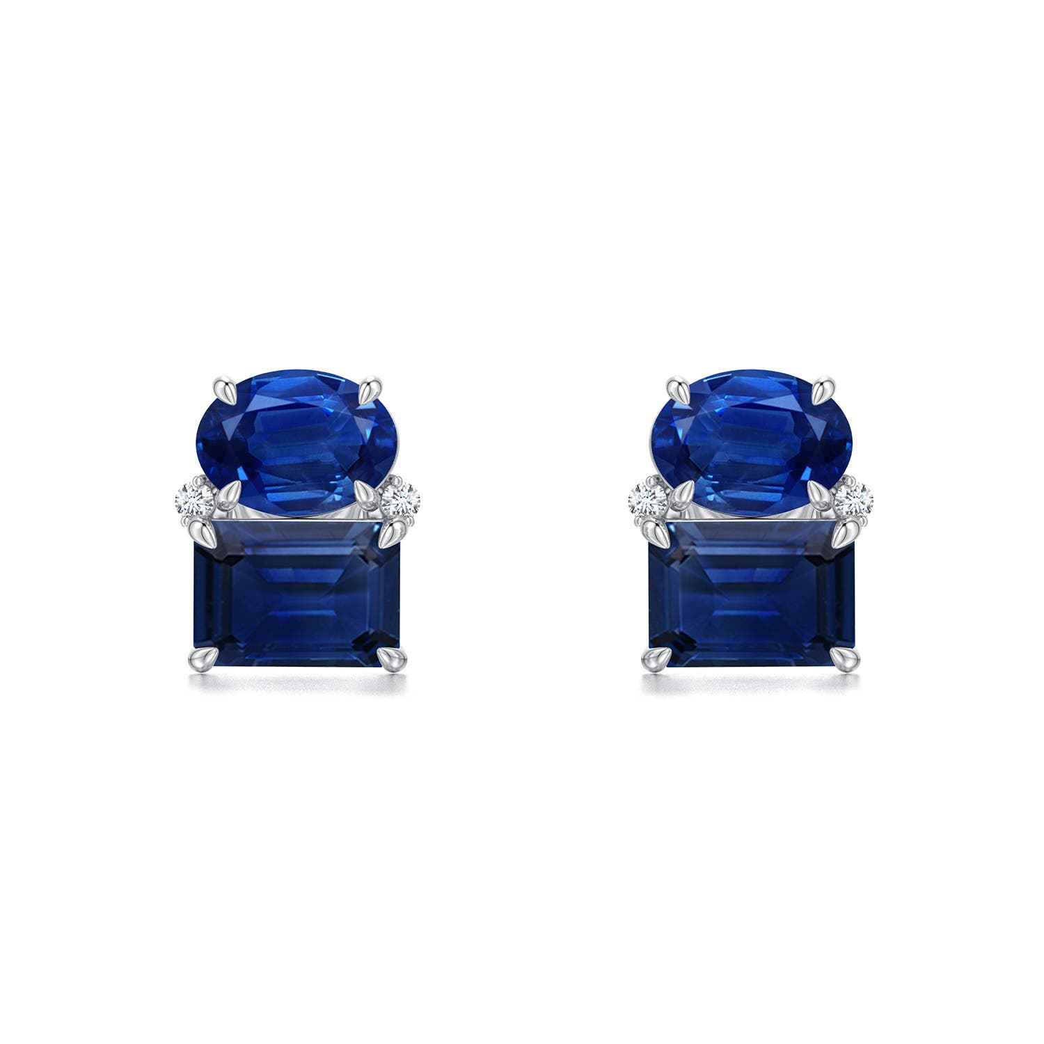 6x4mm AAA Oval and Emerald-Cut Blue Sapphire Two-Stone Stud Earrings in White Gold - main