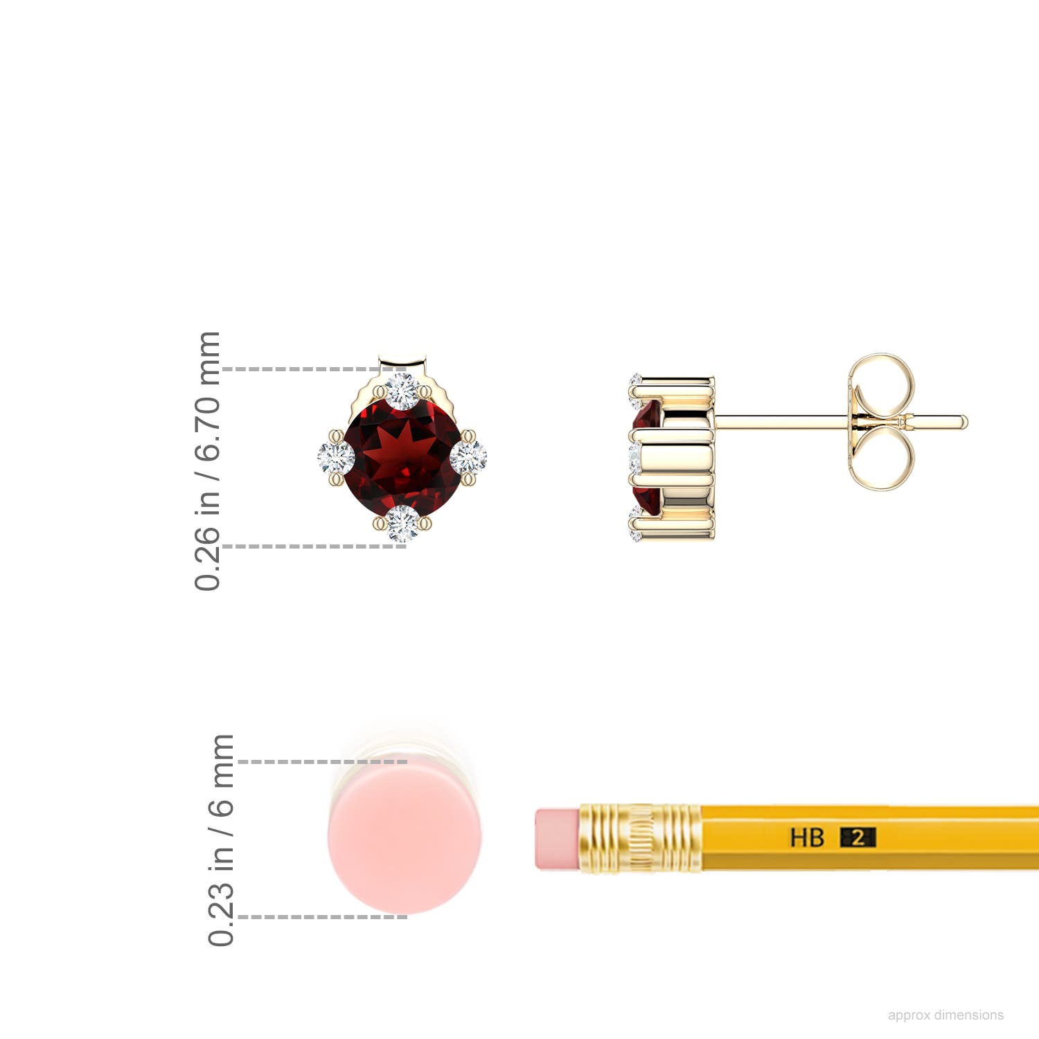 5mm AAA Round Garnet Stud Earrings with Accents in Yellow Gold - ruler - ruler