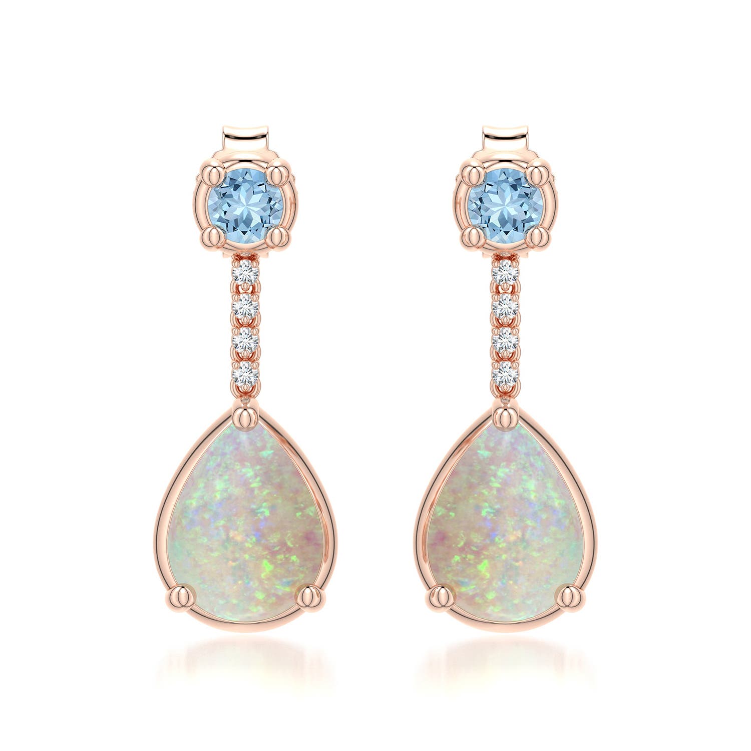 8x6mm AAA Pear Opal Drop Earrings with Aquamarine Accent in Rose Gold - main
