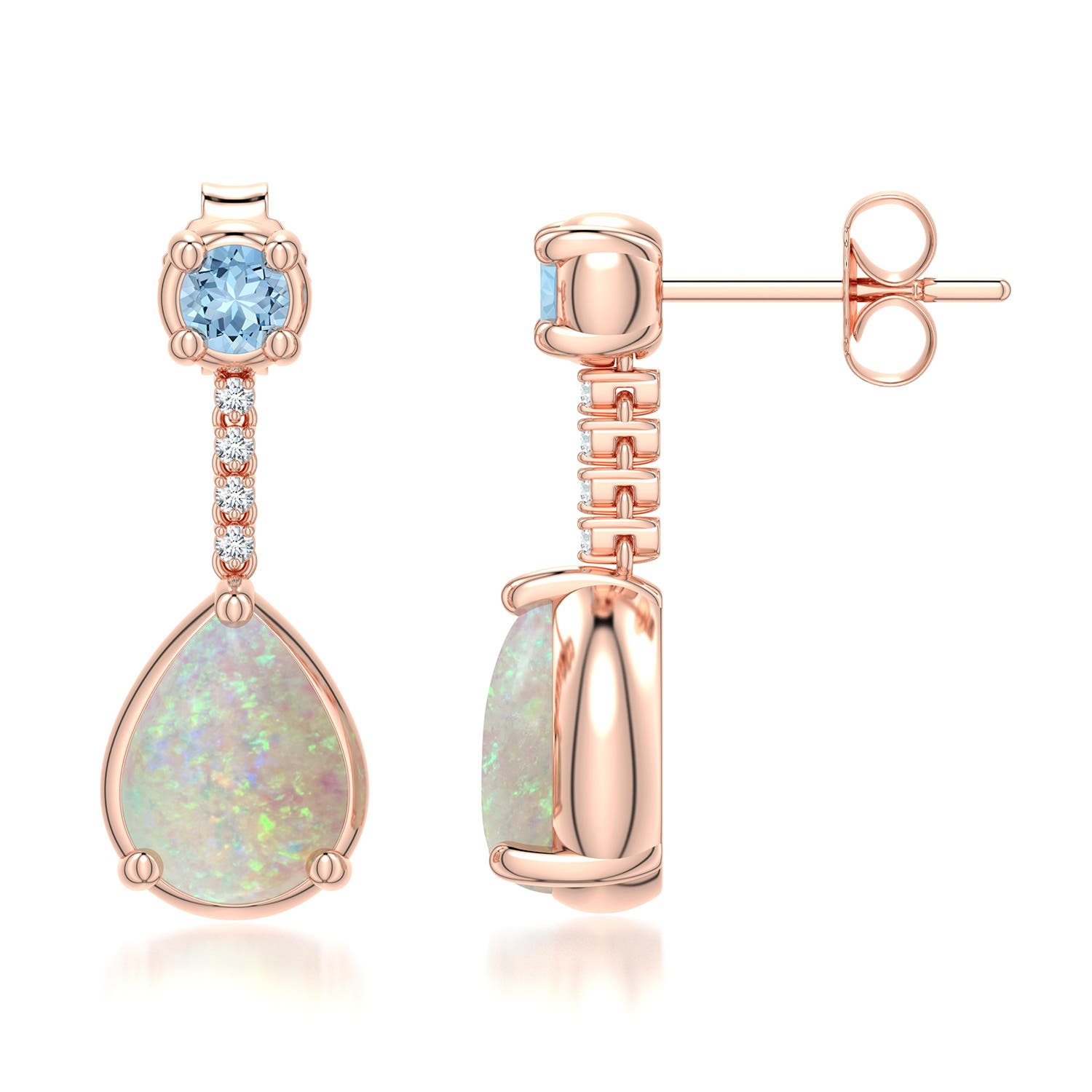 8x6mm AAA Pear Opal Drop Earrings with Aquamarine Accent in Rose Gold - side