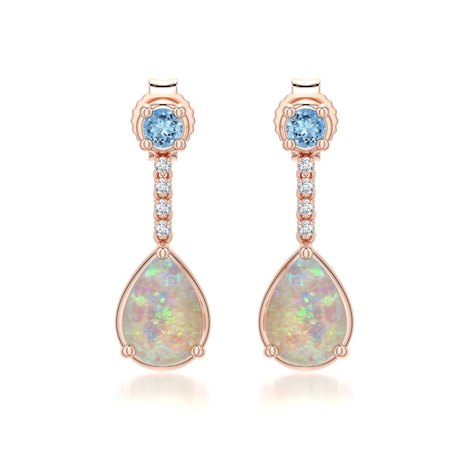 7x5mm AAAA Pear Opal Drop Earrings with Aquamarine Accent in Rose Gold - main