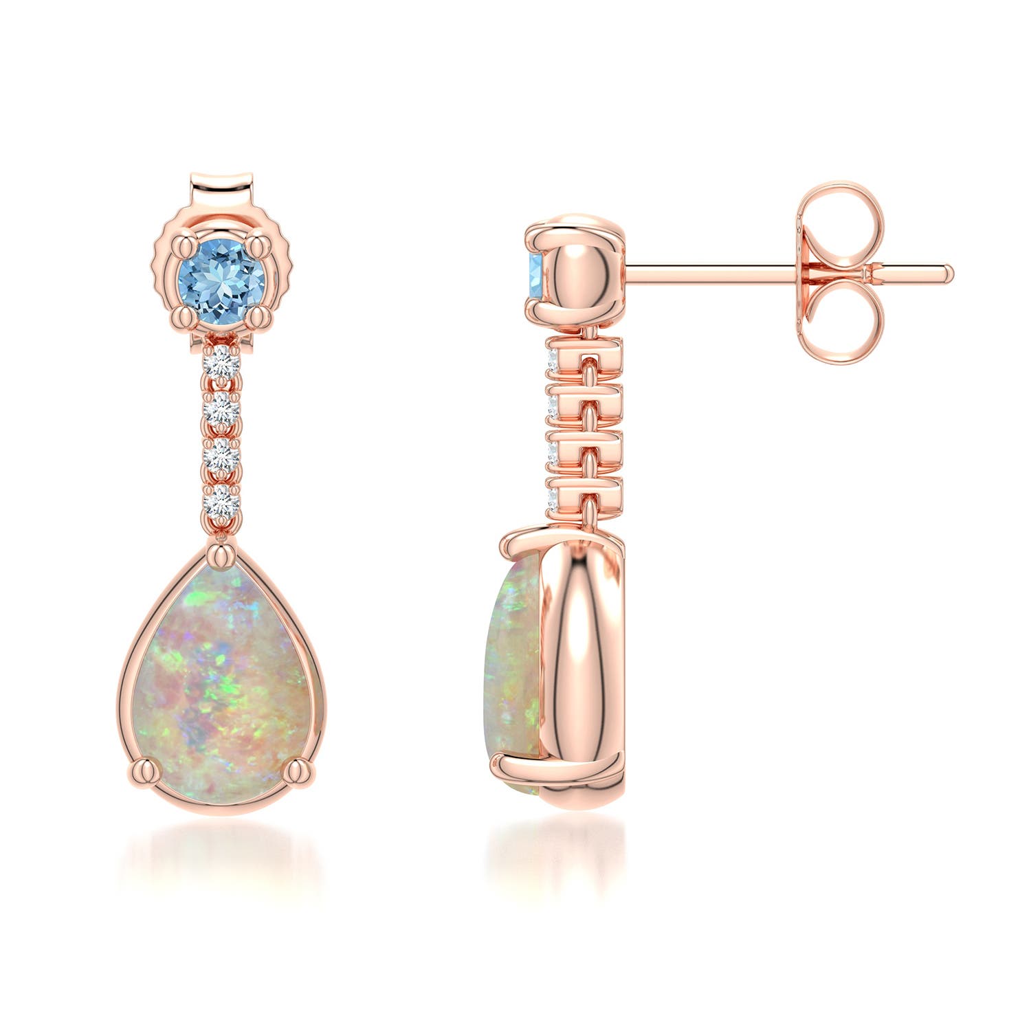 7x5mm AAAA Pear Opal Drop Earrings with Aquamarine Accent in Rose Gold - side