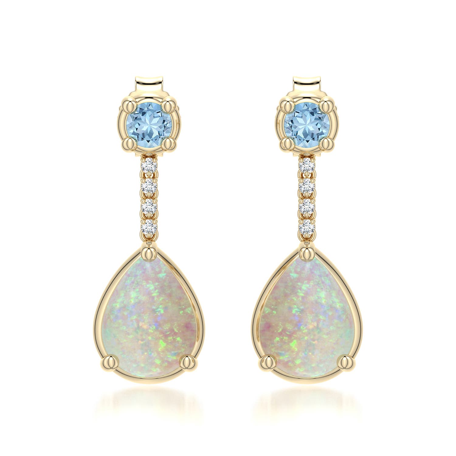 8x6mm AAA Pear Opal Drop Earrings with Aquamarine Accent in Yellow Gold - main