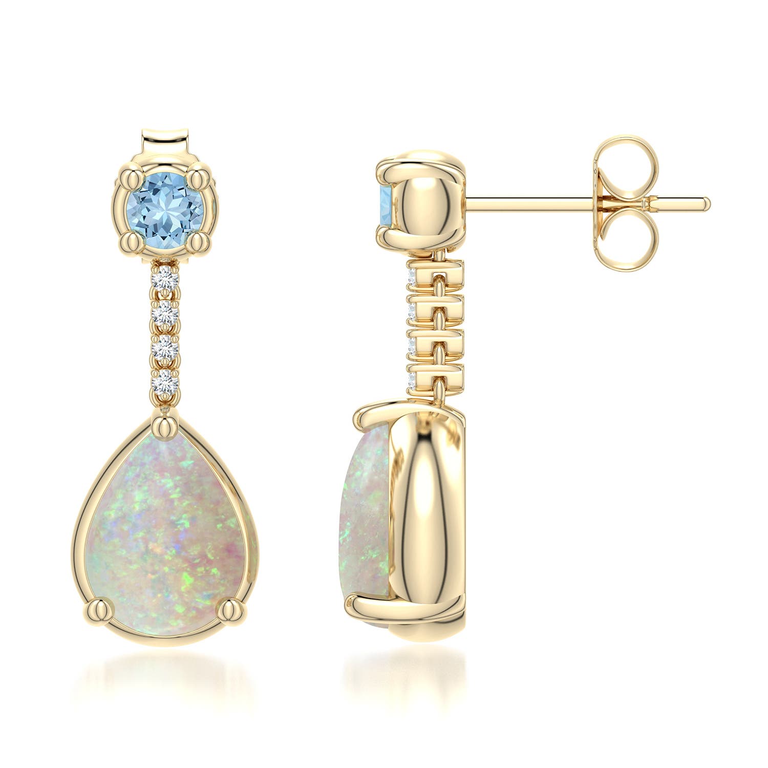 8x6mm AAA Pear Opal Drop Earrings with Aquamarine Accent in Yellow Gold - side