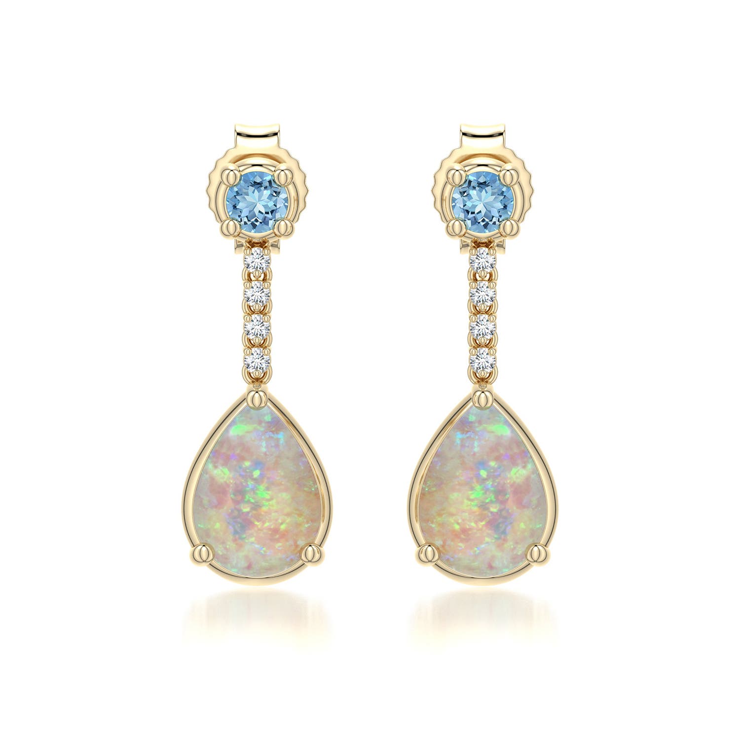 7x5mm AAAA Pear Opal Drop Earrings with Aquamarine Accent in Yellow Gold - main